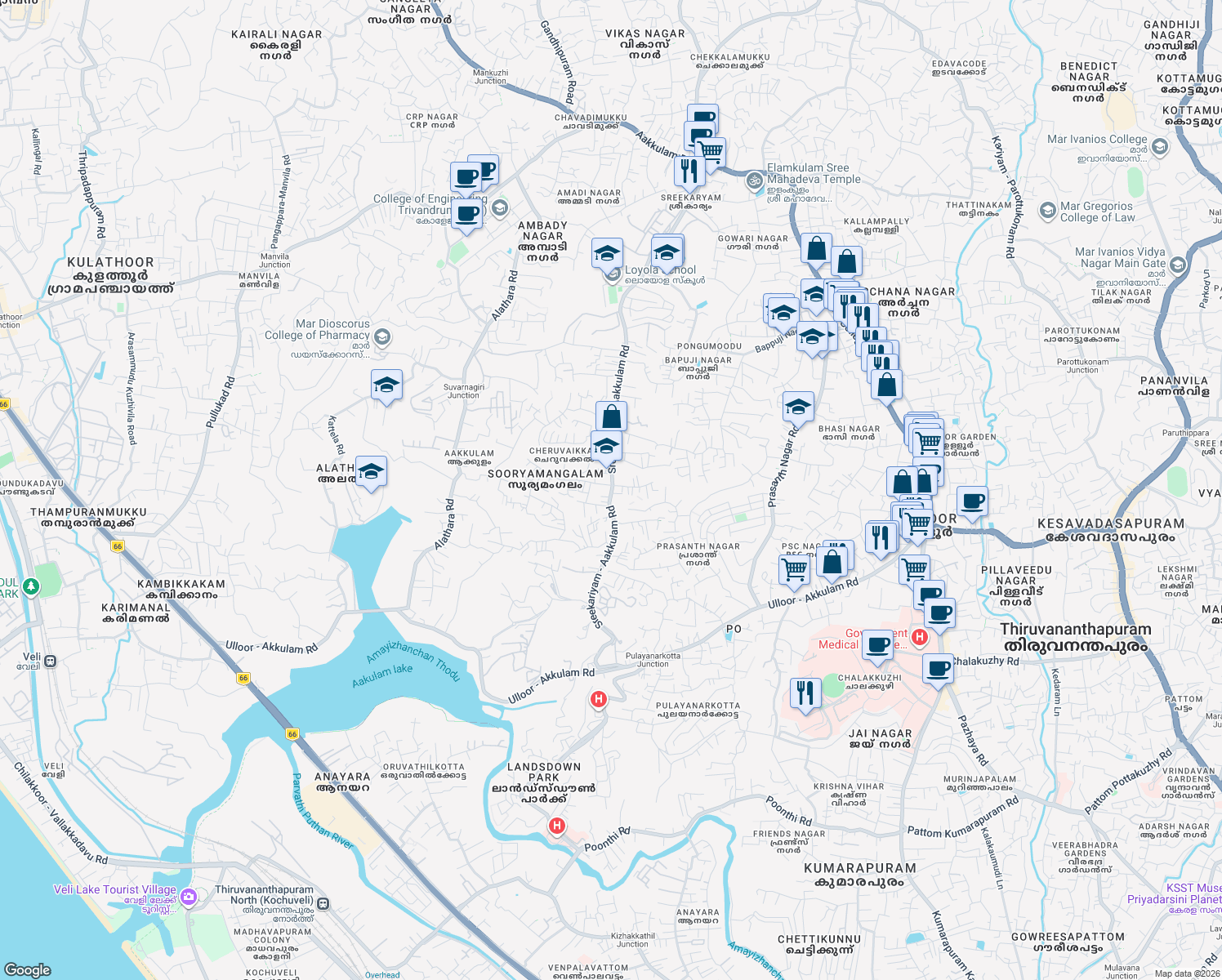 map of restaurants, bars, coffee shops, grocery stores, and more near Sreekariyam Akkulam Road in Thiruvananthapuram