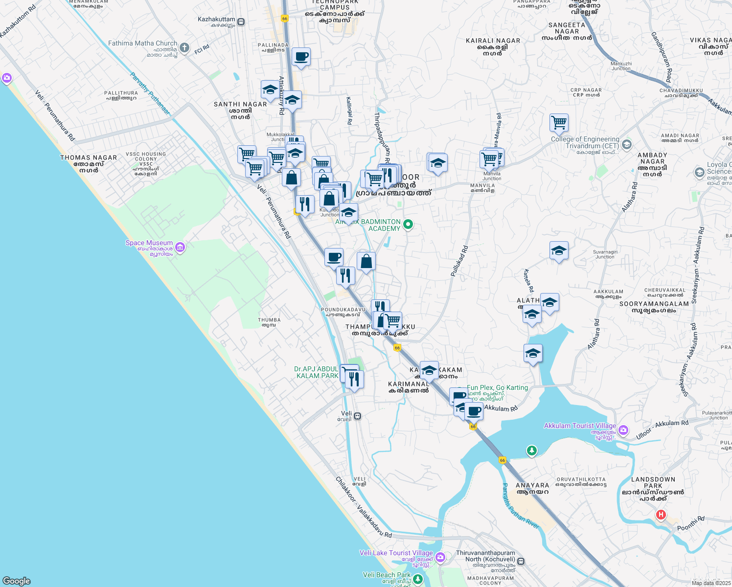 map of restaurants, bars, coffee shops, grocery stores, and more near in Thiruvananthapuram