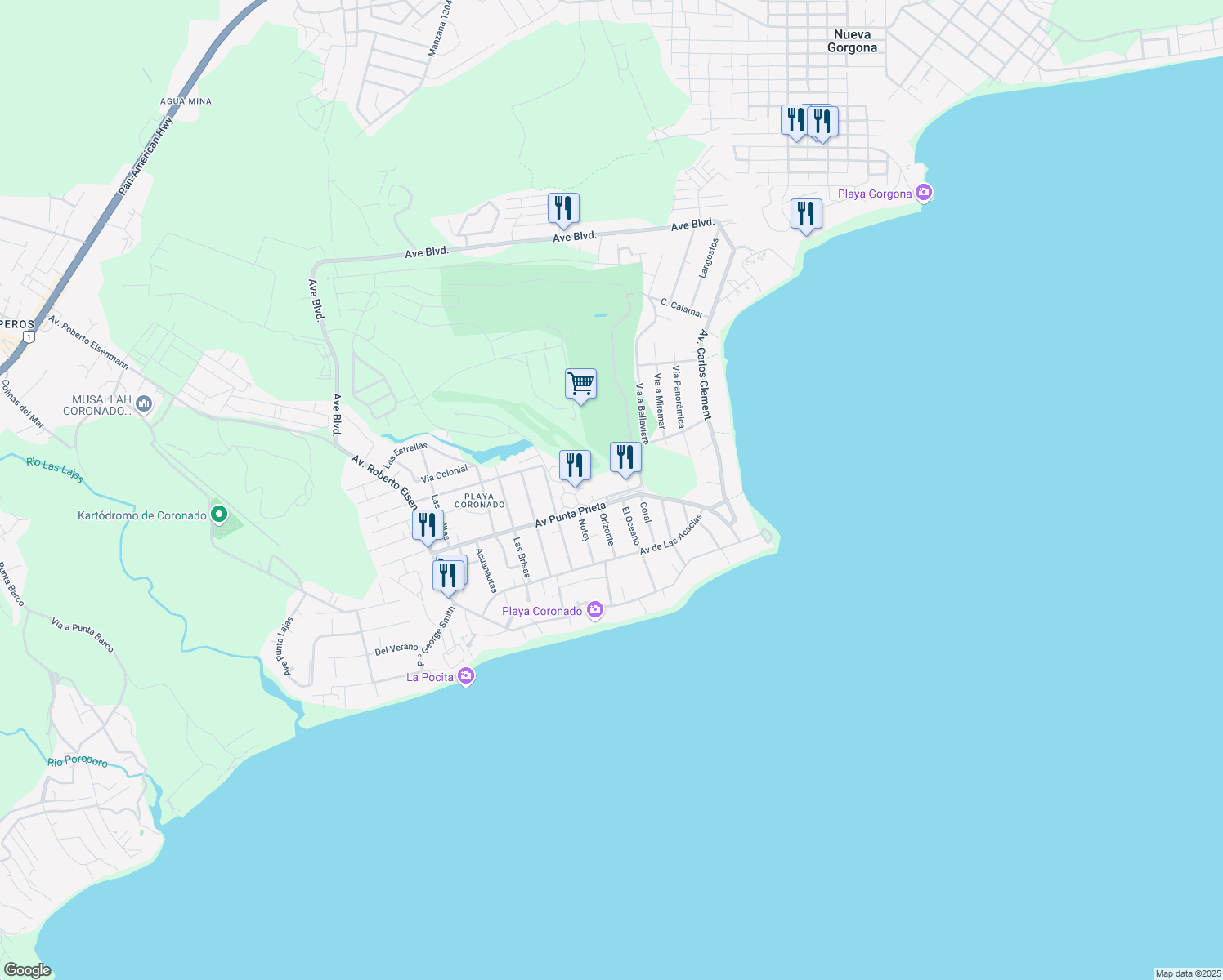 map of restaurants, bars, coffee shops, grocery stores, and more near 66-67 Camino de los Caballeros in Nueva Gorgona