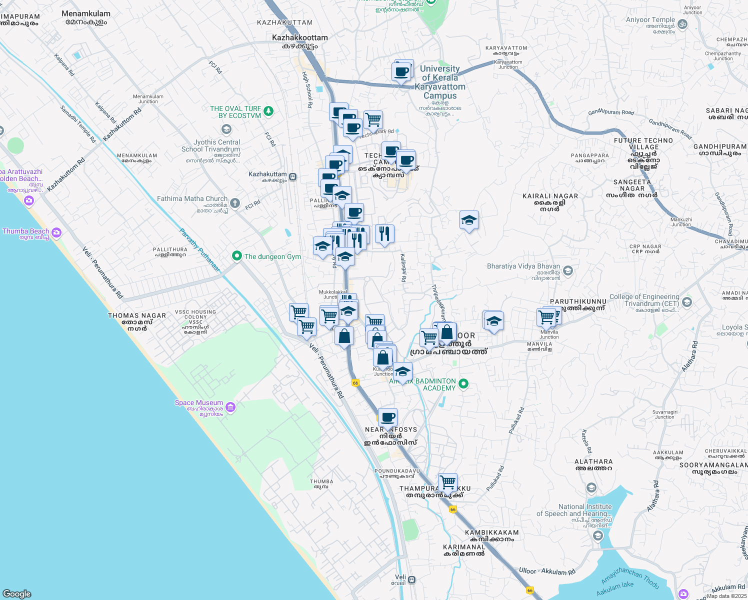 map of restaurants, bars, coffee shops, grocery stores, and more near Main Road in Attingal
