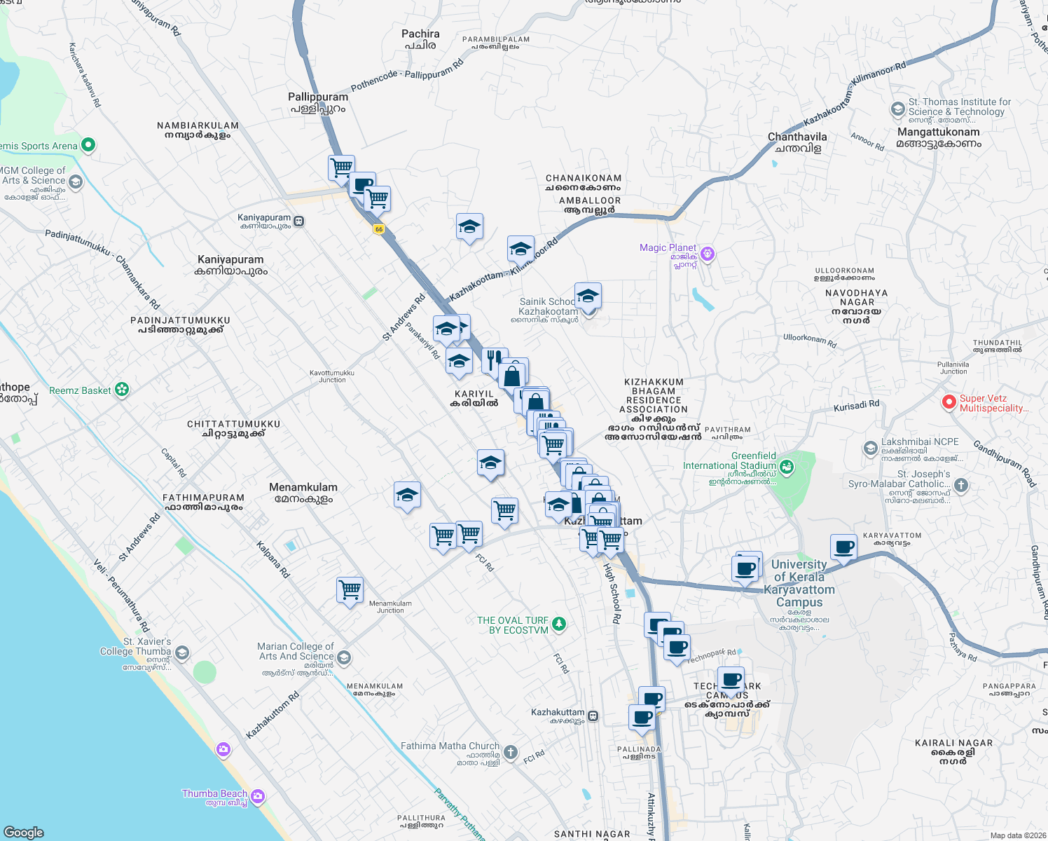 map of restaurants, bars, coffee shops, grocery stores, and more near NH 544 in Thiruvananthapuram