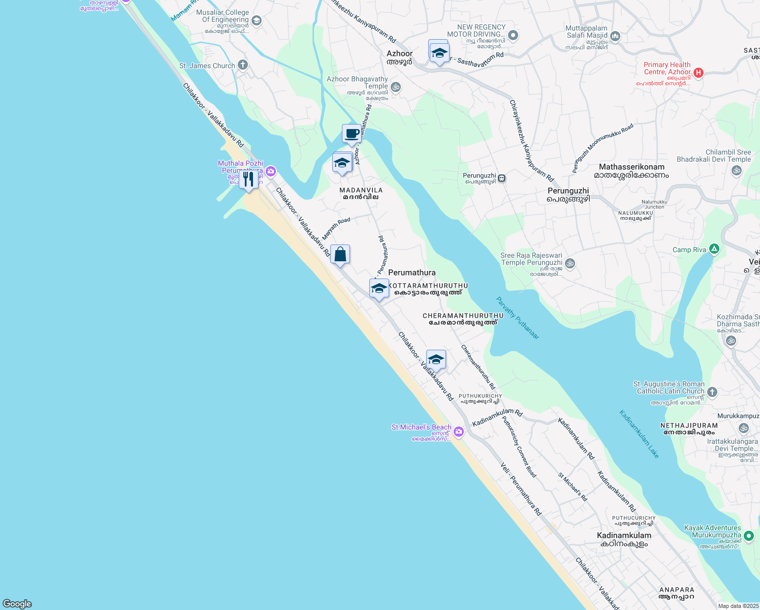 map of restaurants, bars, coffee shops, grocery stores, and more near Veli - Perumathura Road in Thiruvananthapuram