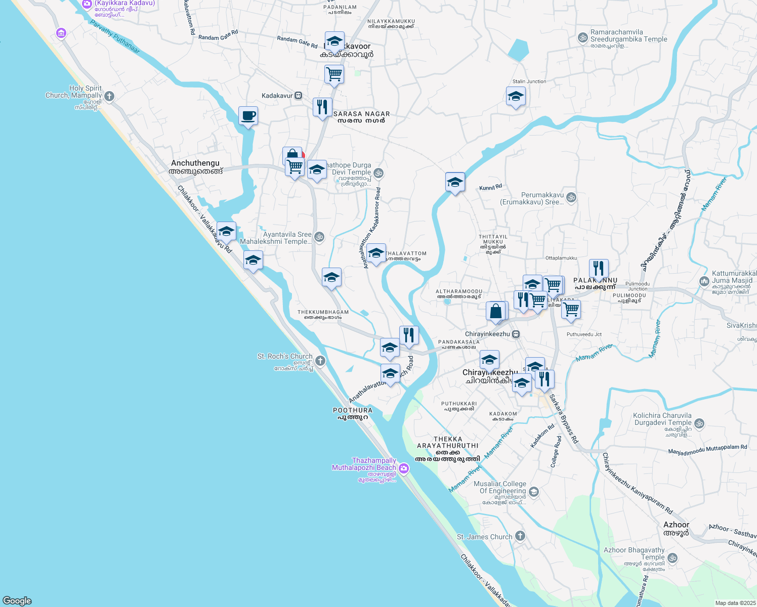 map of restaurants, bars, coffee shops, grocery stores, and more near Anathalavattom Kadakkavoor Road in Chirayinkeezhu