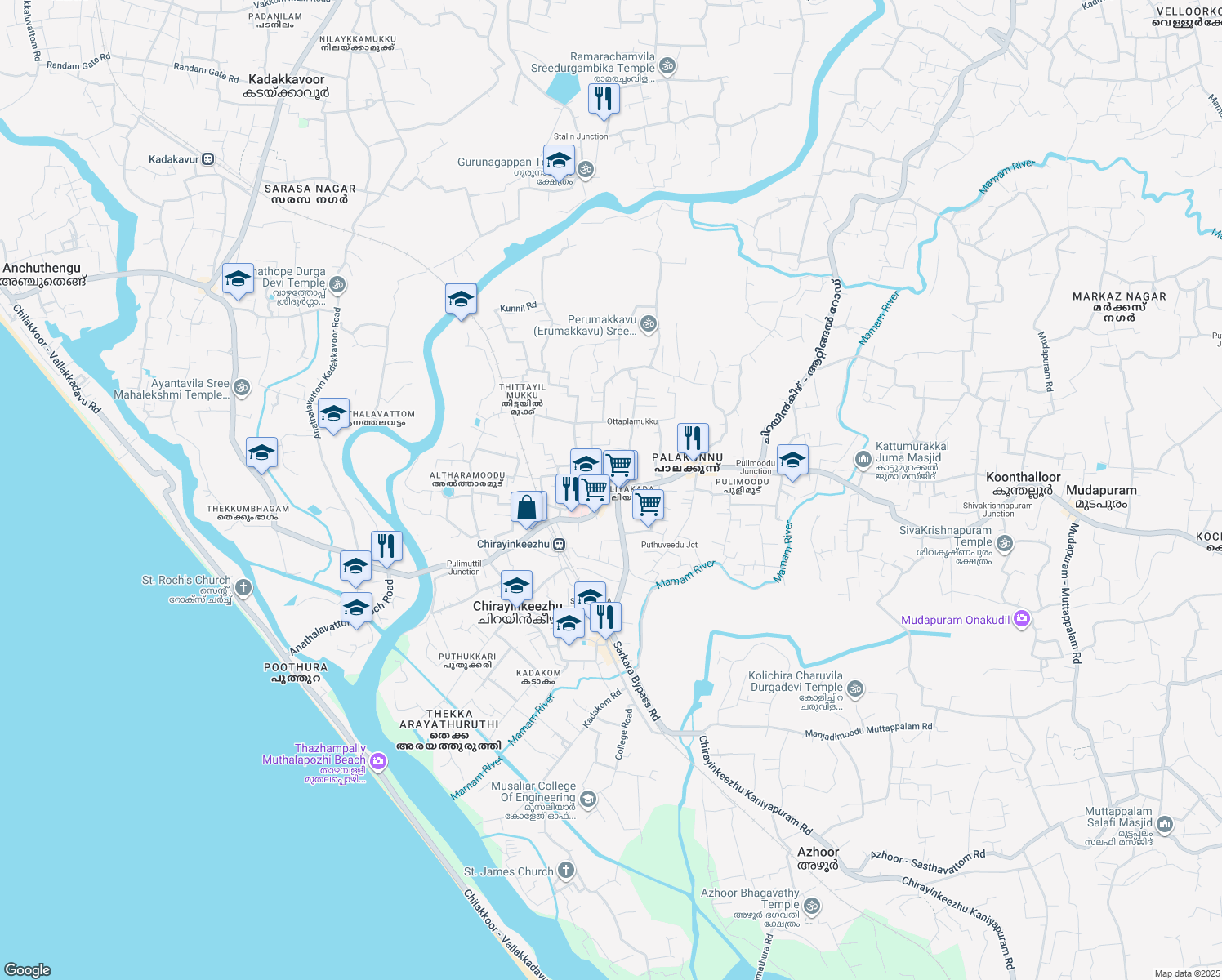map of restaurants, bars, coffee shops, grocery stores, and more near Puravoor Erumakkavu Road in Chirayinkeezhu