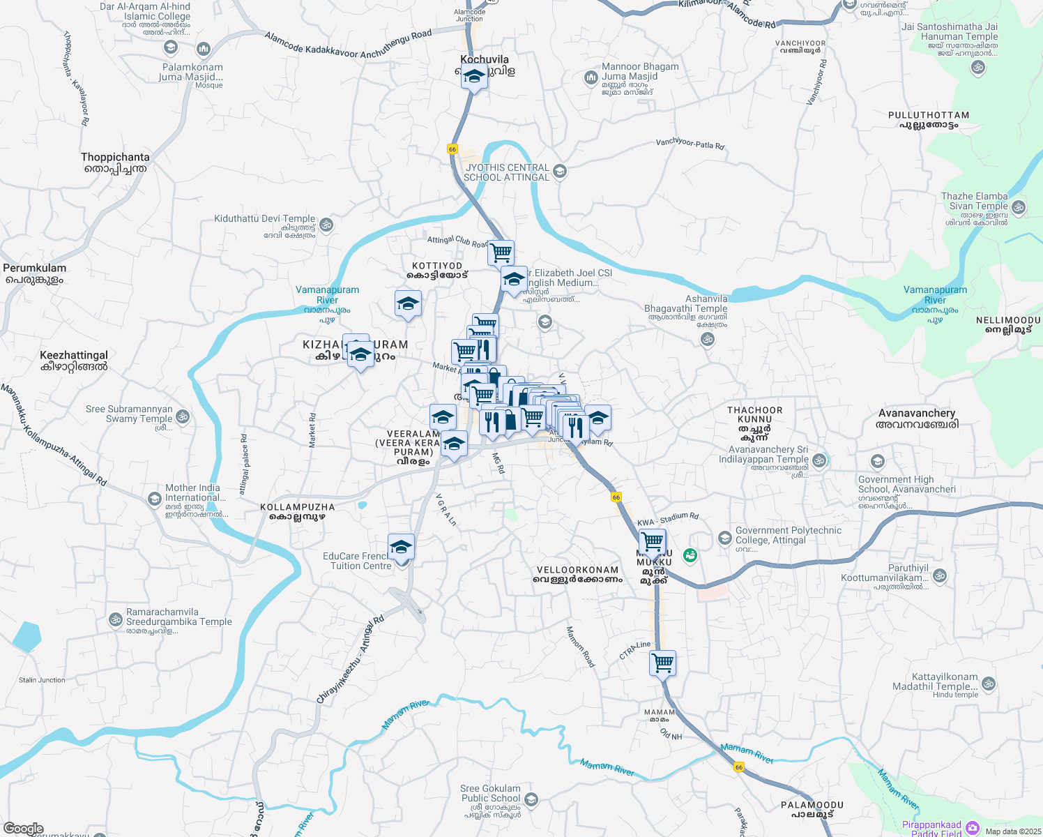 map of restaurants, bars, coffee shops, grocery stores, and more near Main Road in Attingal