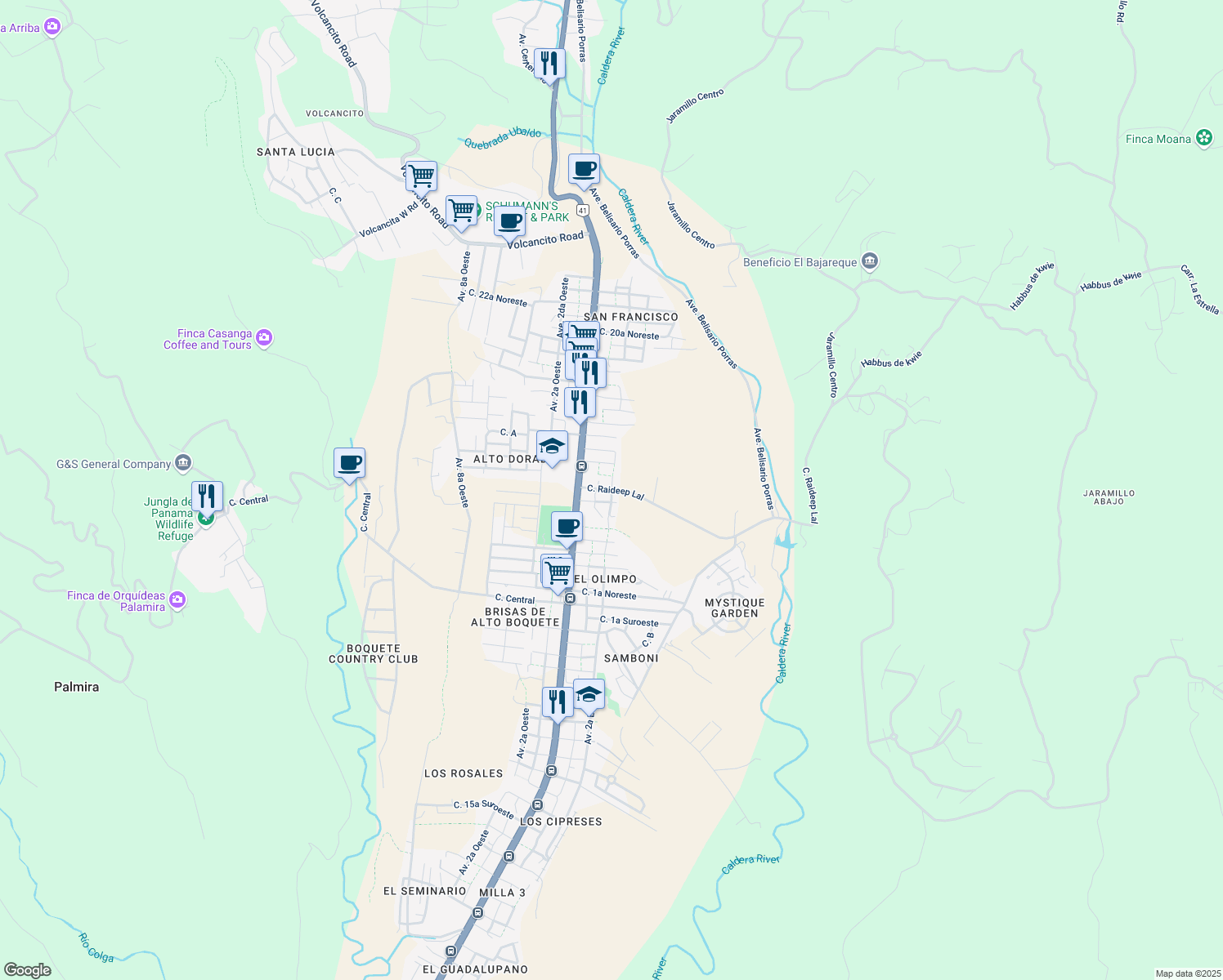 map of restaurants, bars, coffee shops, grocery stores, and more near Calle 8a Noreste in Bajo Boquete