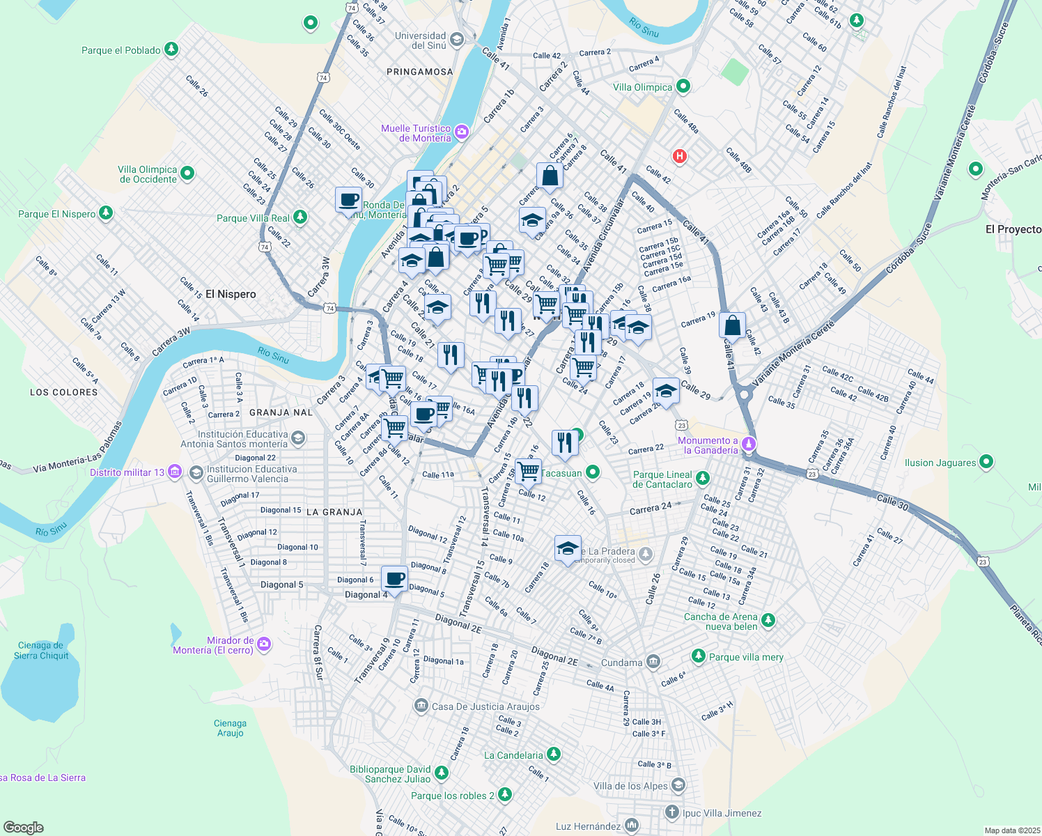 map of restaurants, bars, coffee shops, grocery stores, and more near 232-23100 Carrera 10 in Monteria