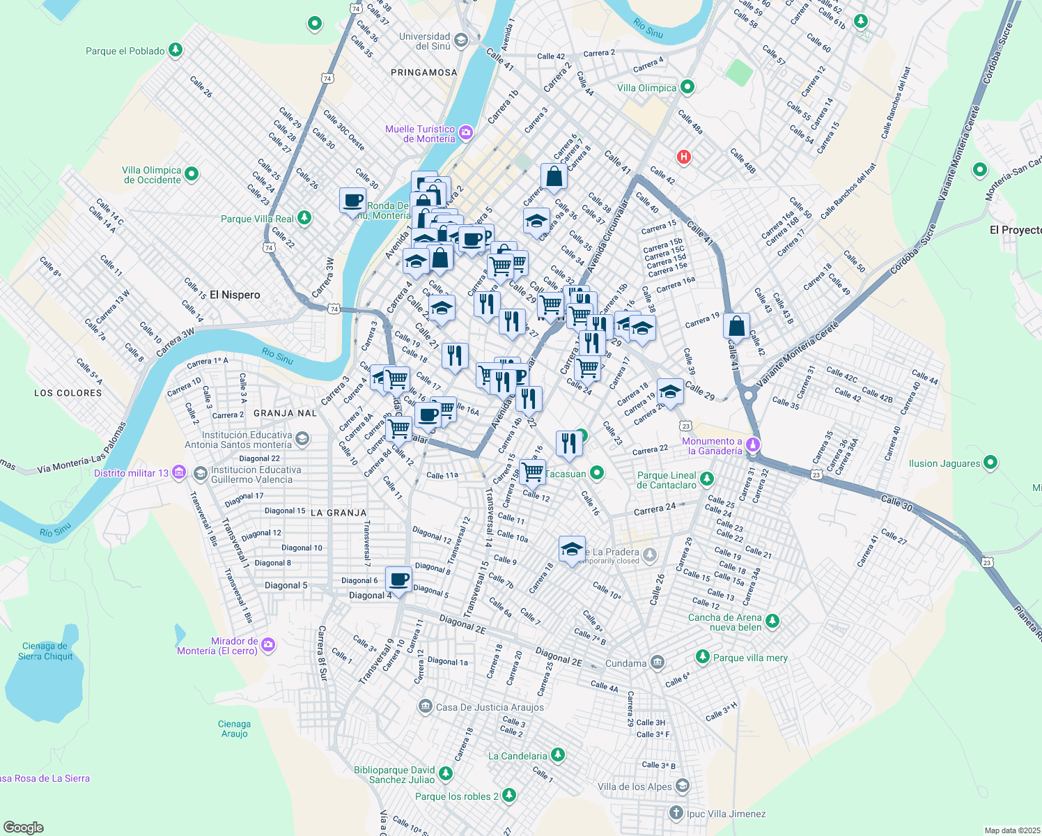 map of restaurants, bars, coffee shops, grocery stores, and more near in Montería