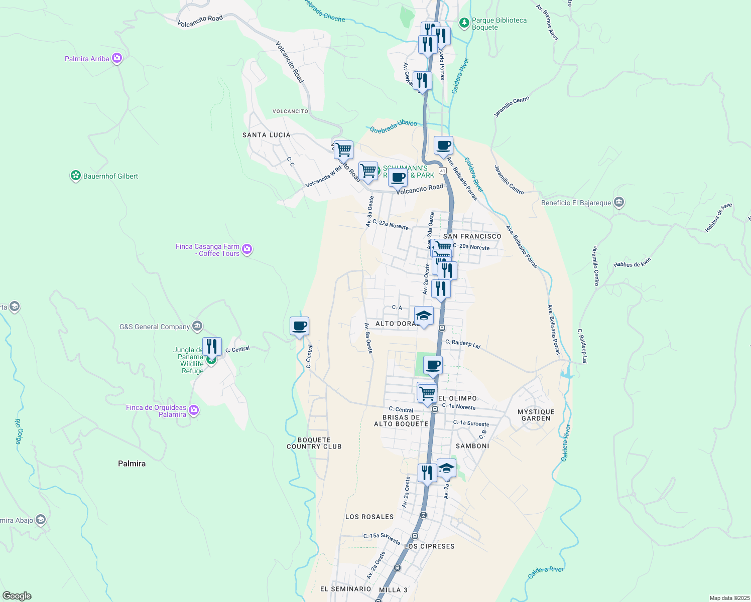 map of restaurants, bars, coffee shops, grocery stores, and more near 54-1 Manzana 040404 in Alto Boquete