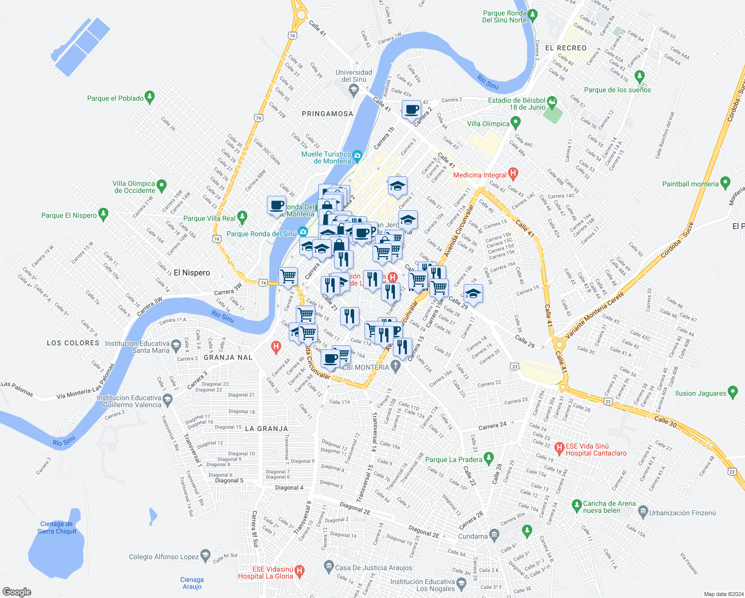 map of restaurants, bars, coffee shops, grocery stores, and more near 232-23100 Carrera 10 in Monteria