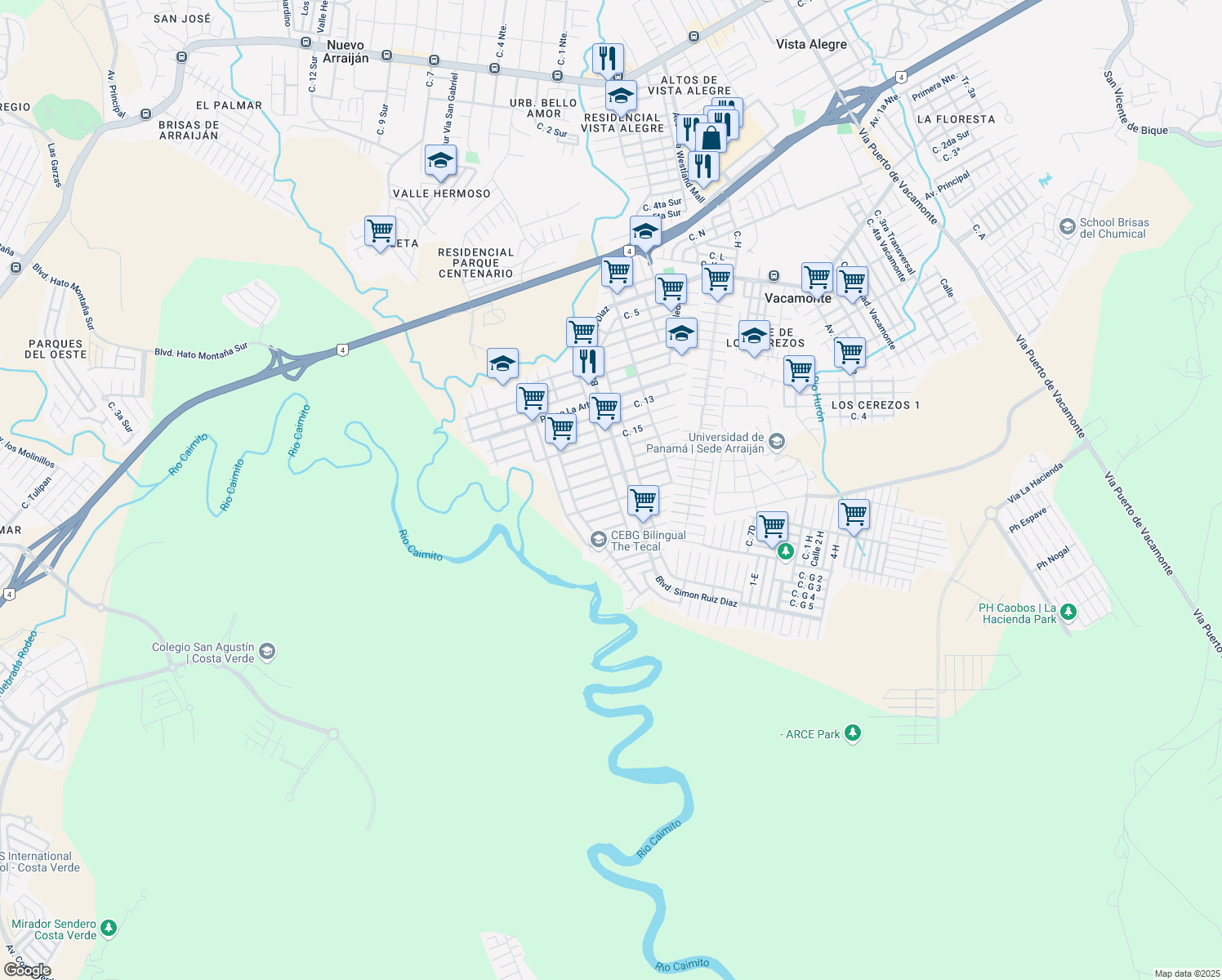 map of restaurants, bars, coffee shops, grocery stores, and more near el tecal in Vacamonte