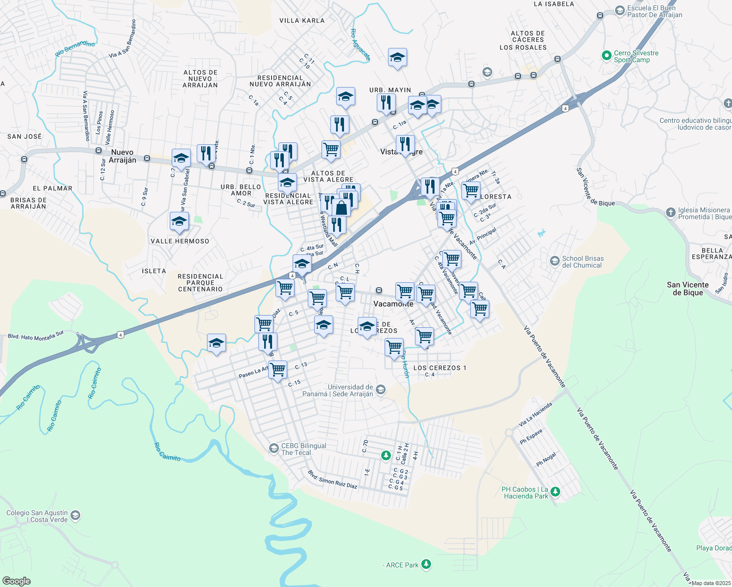 map of restaurants, bars, coffee shops, grocery stores, and more near Calle Principal de Vacamonte in Nuevo Arraiján