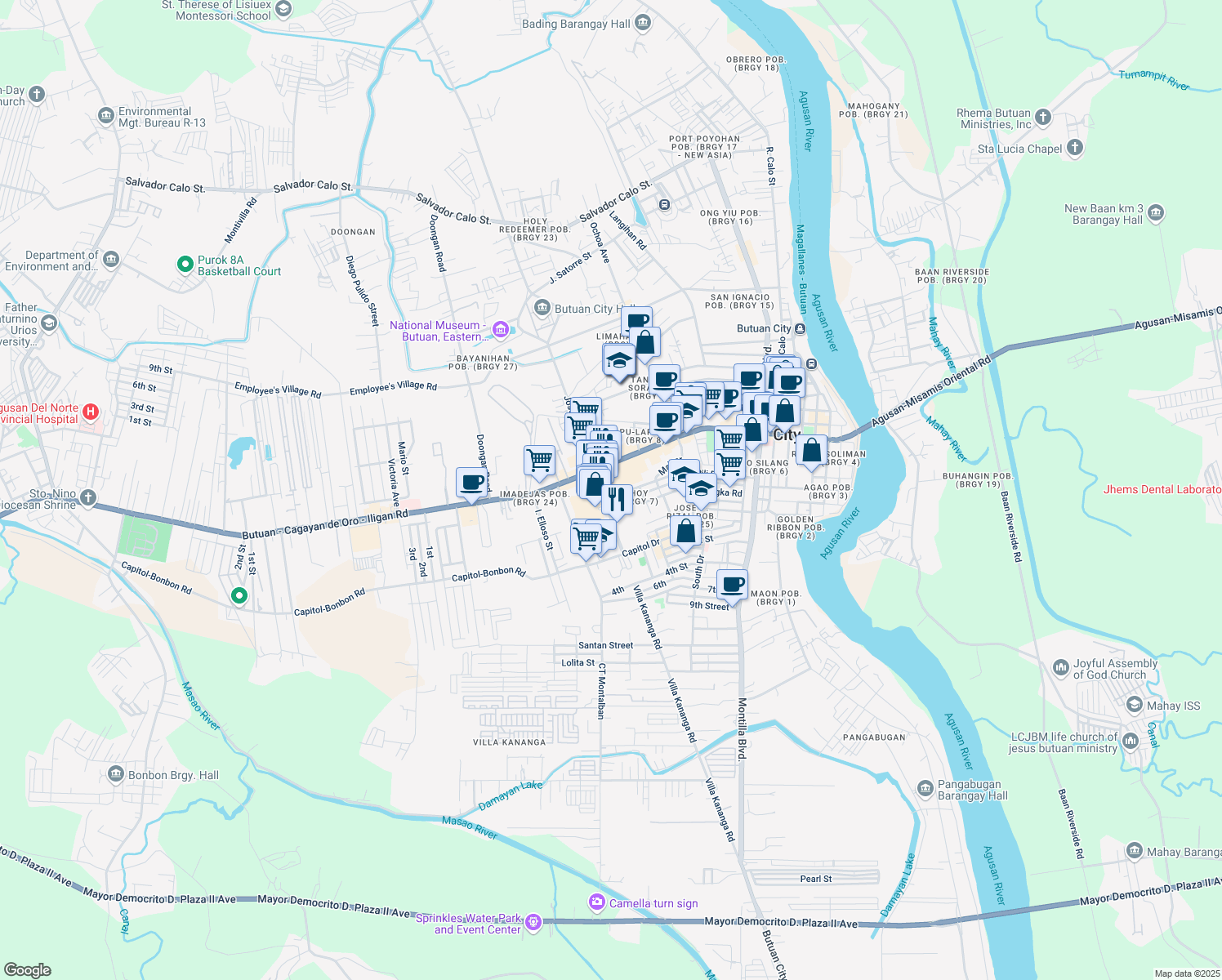 map of restaurants, bars, coffee shops, grocery stores, and more near T. Claudio Street in Butuan City