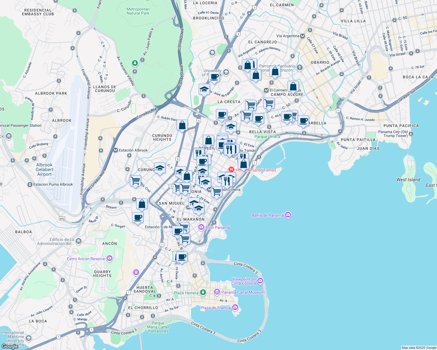 map of restaurants, bars, coffee shops, grocery stores, and more near Justo Arosemena Avenue in Panama