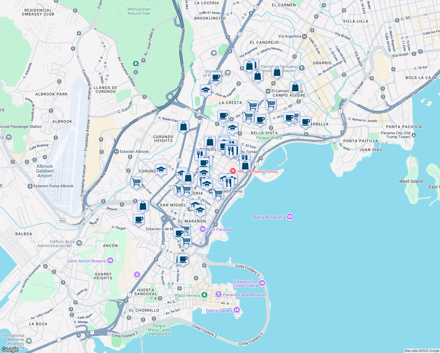 map of restaurants, bars, coffee shops, grocery stores, and more near Justo Arosemena Avenue in Panama