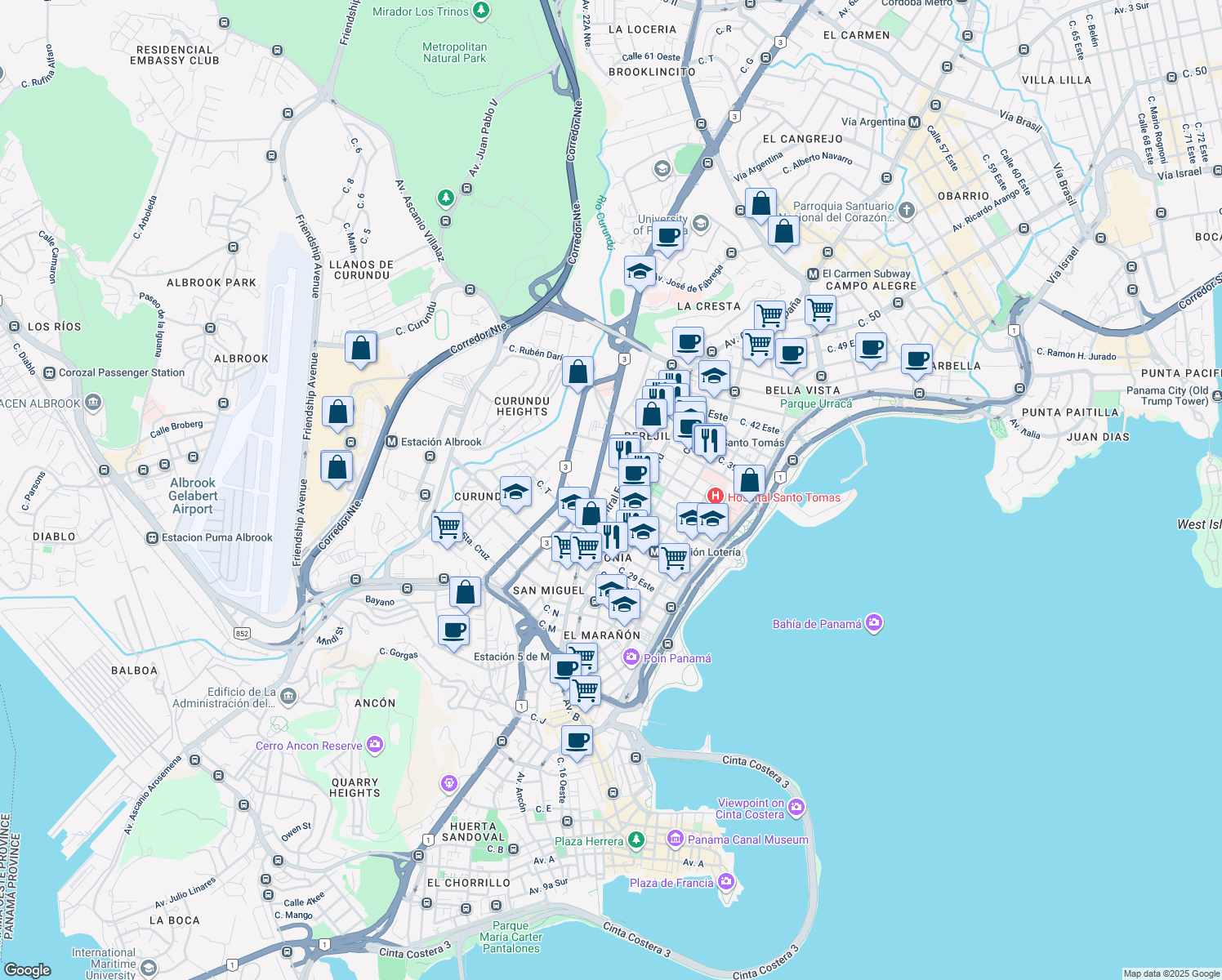 map of restaurants, bars, coffee shops, grocery stores, and more near Avenida Central España in Panamá