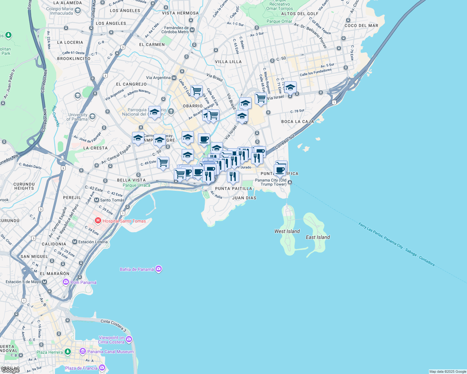 map of restaurants, bars, coffee shops, grocery stores, and more near in Panama City