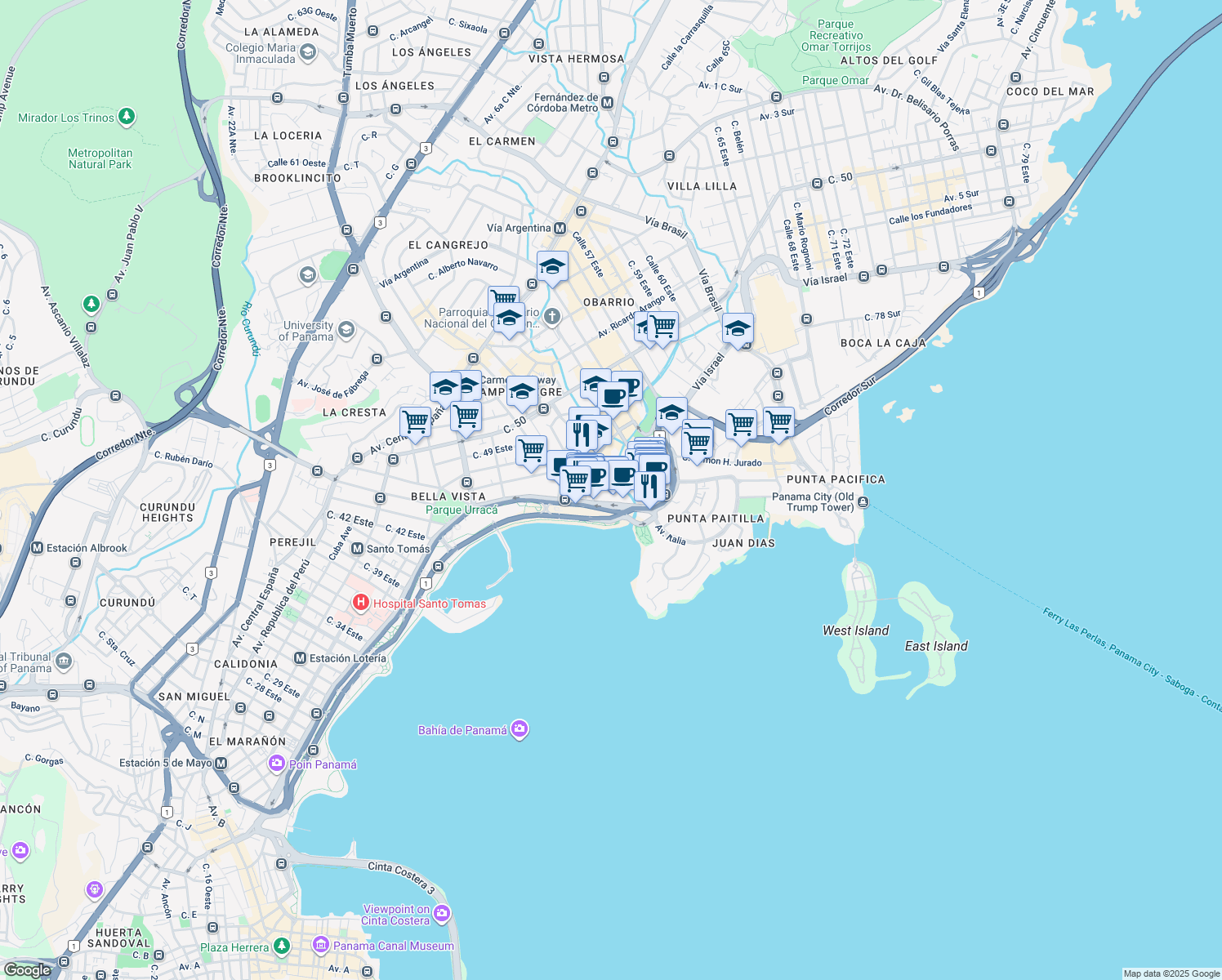 map of restaurants, bars, coffee shops, grocery stores, and more near Avenida Balboa in Panamá