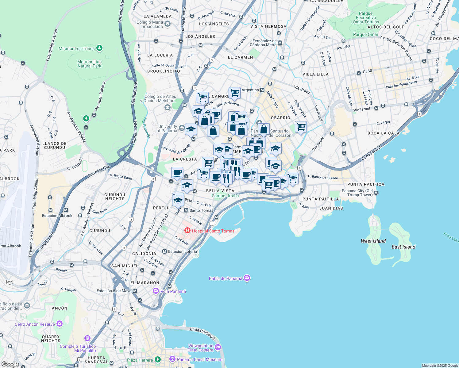 map of restaurants, bars, coffee shops, grocery stores, and more near in Panama City