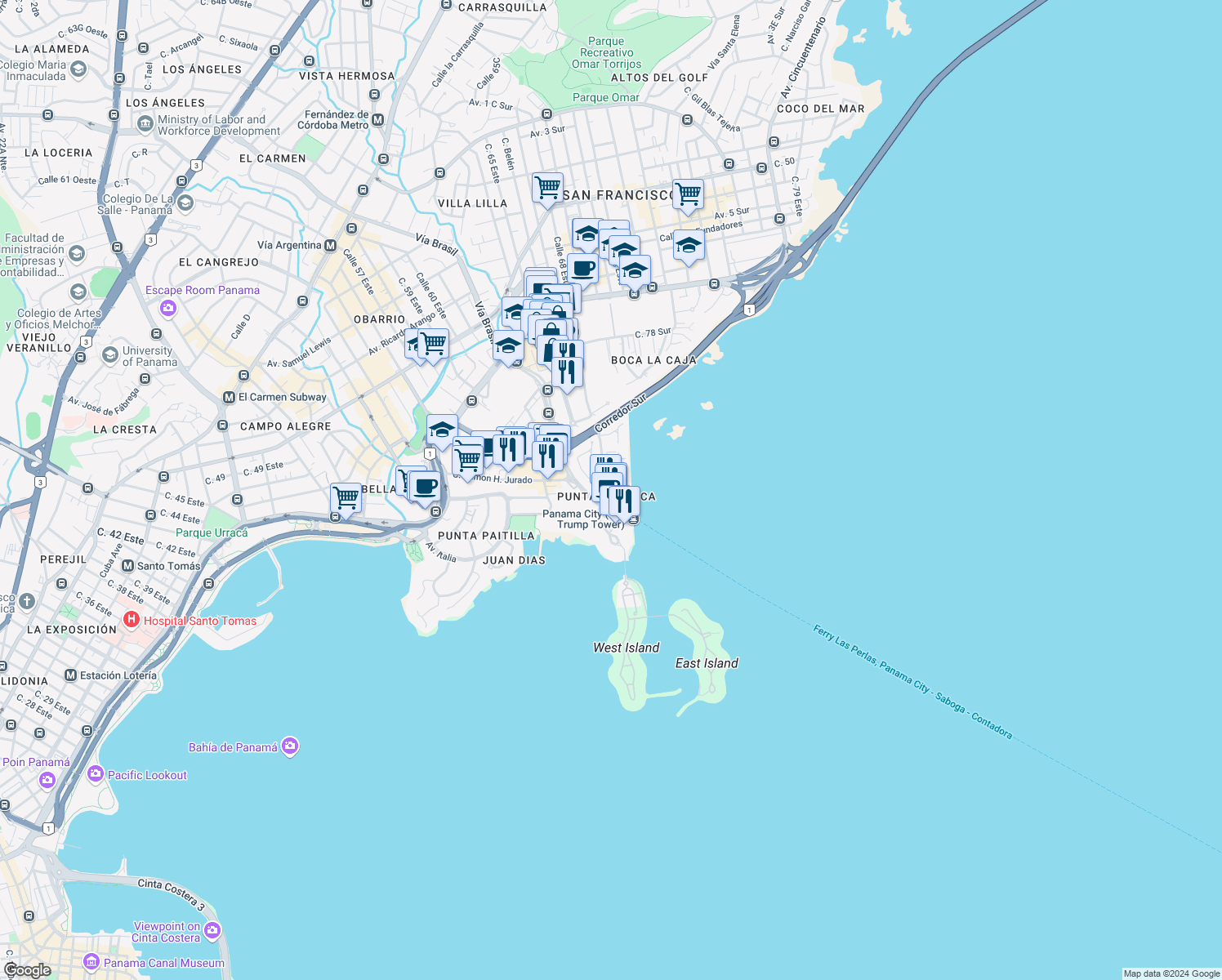 map of restaurants, bars, coffee shops, grocery stores, and more near 22546 Calle Punta Chiriquí in Panamá