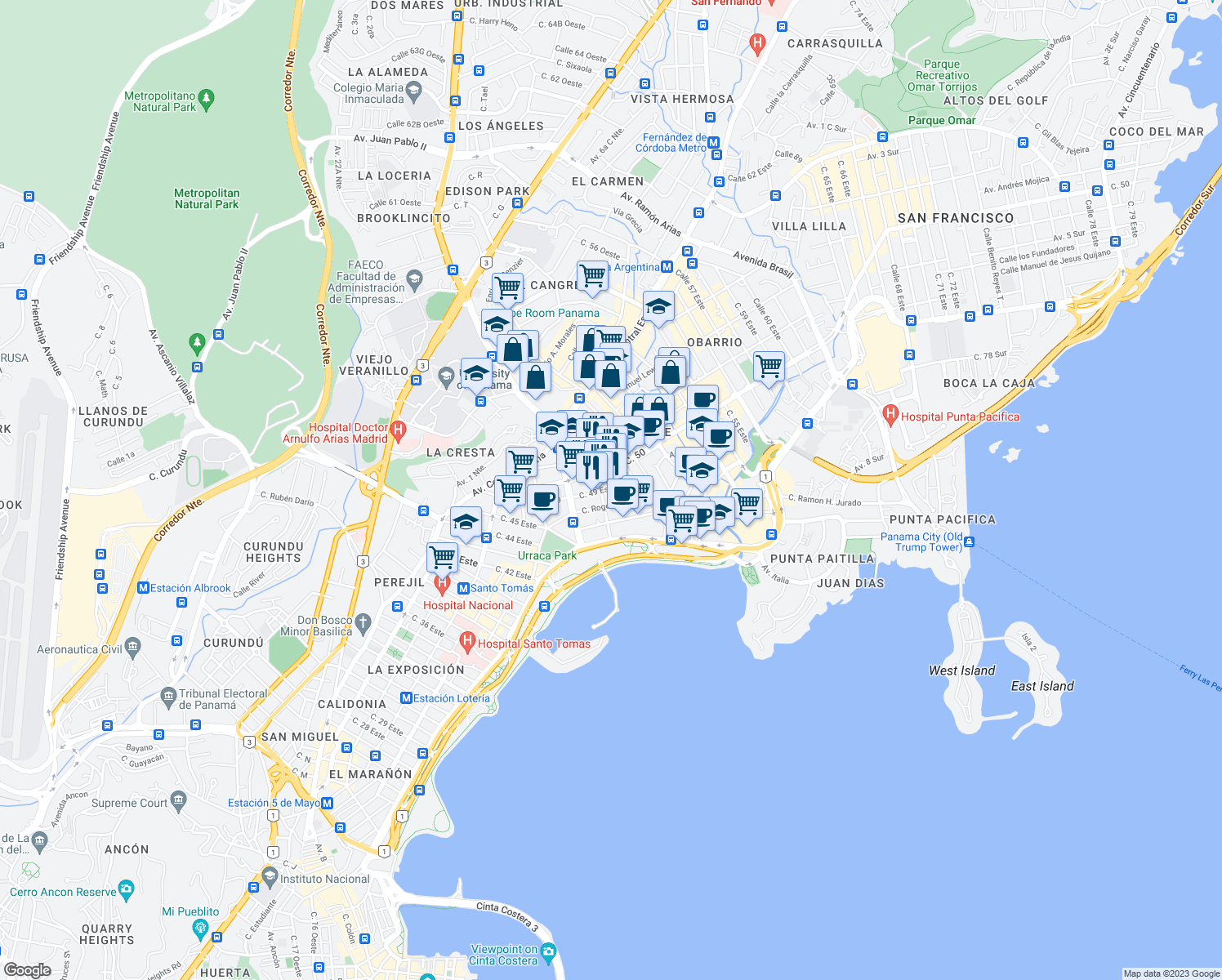 map of restaurants, bars, coffee shops, grocery stores, and more near 4528 Calle 49 Este in Panamá