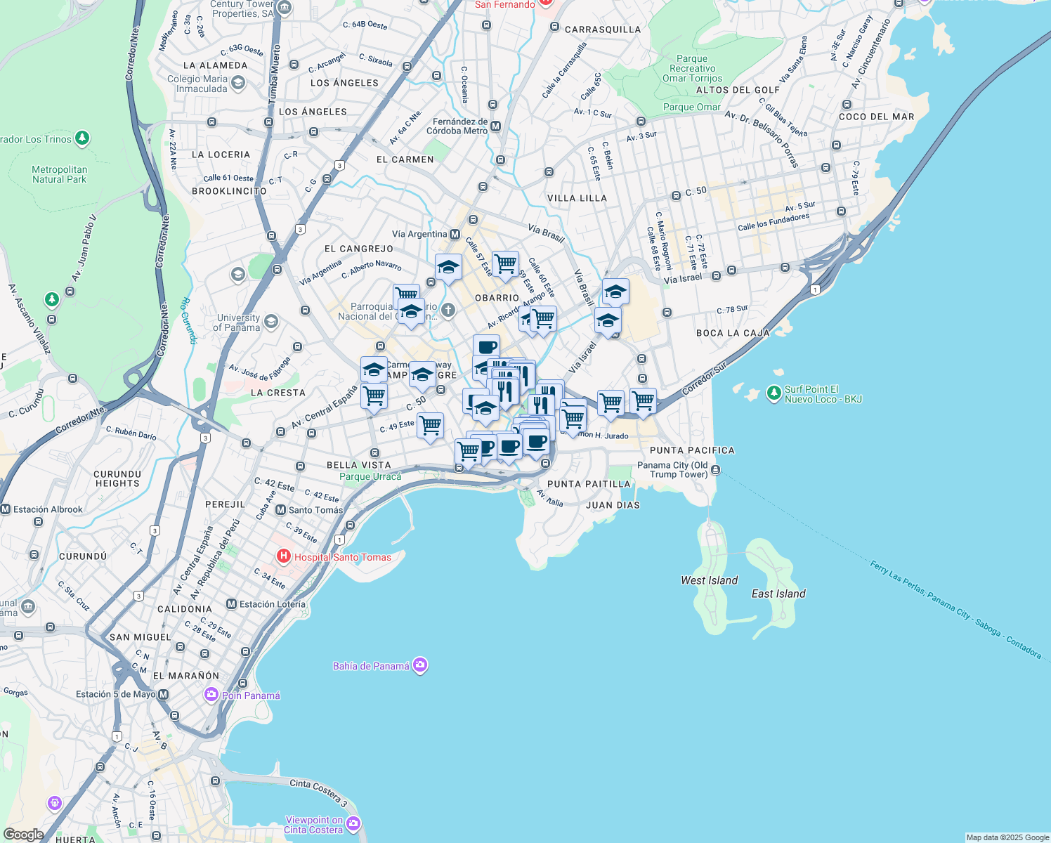 map of restaurants, bars, coffee shops, grocery stores, and more near Calle 53 Este in Panamá