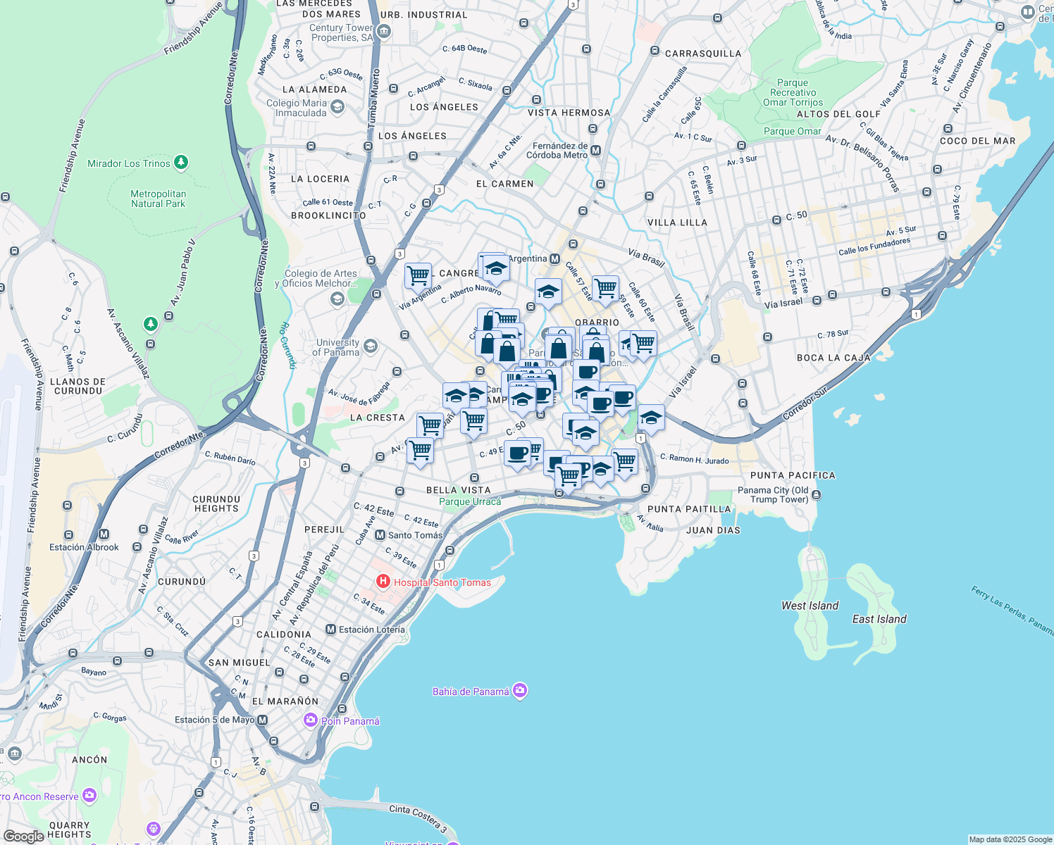map of restaurants, bars, coffee shops, grocery stores, and more near in Panamá