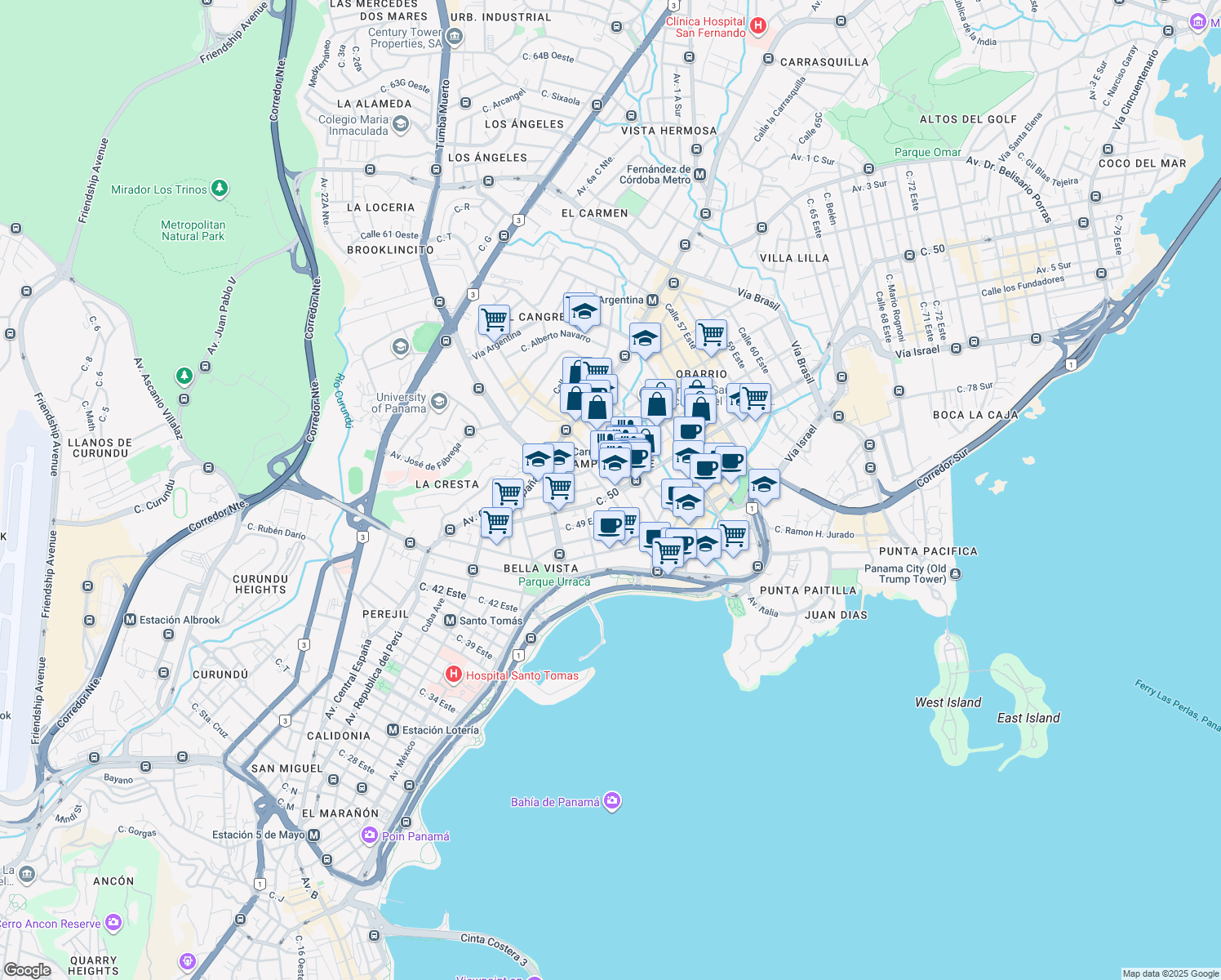 map of restaurants, bars, coffee shops, grocery stores, and more near Calle 50 in Panamá