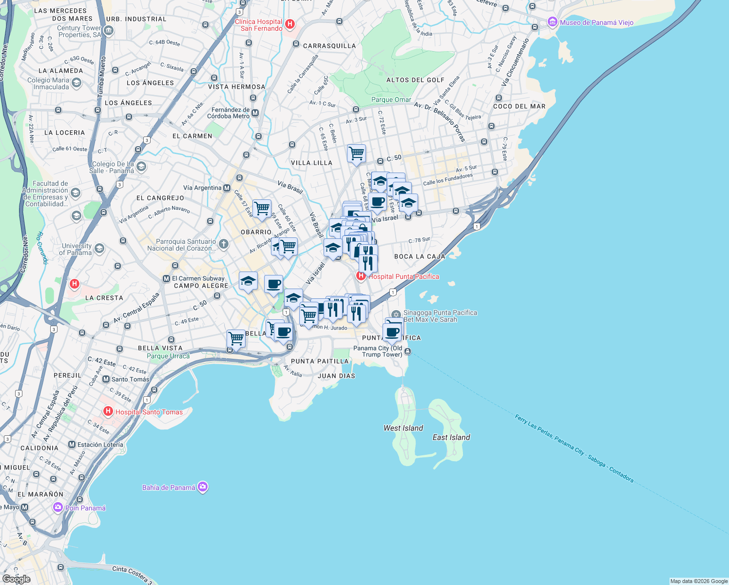 map of restaurants, bars, coffee shops, grocery stores, and more near 26 Calle 56 D Este in Panamá
