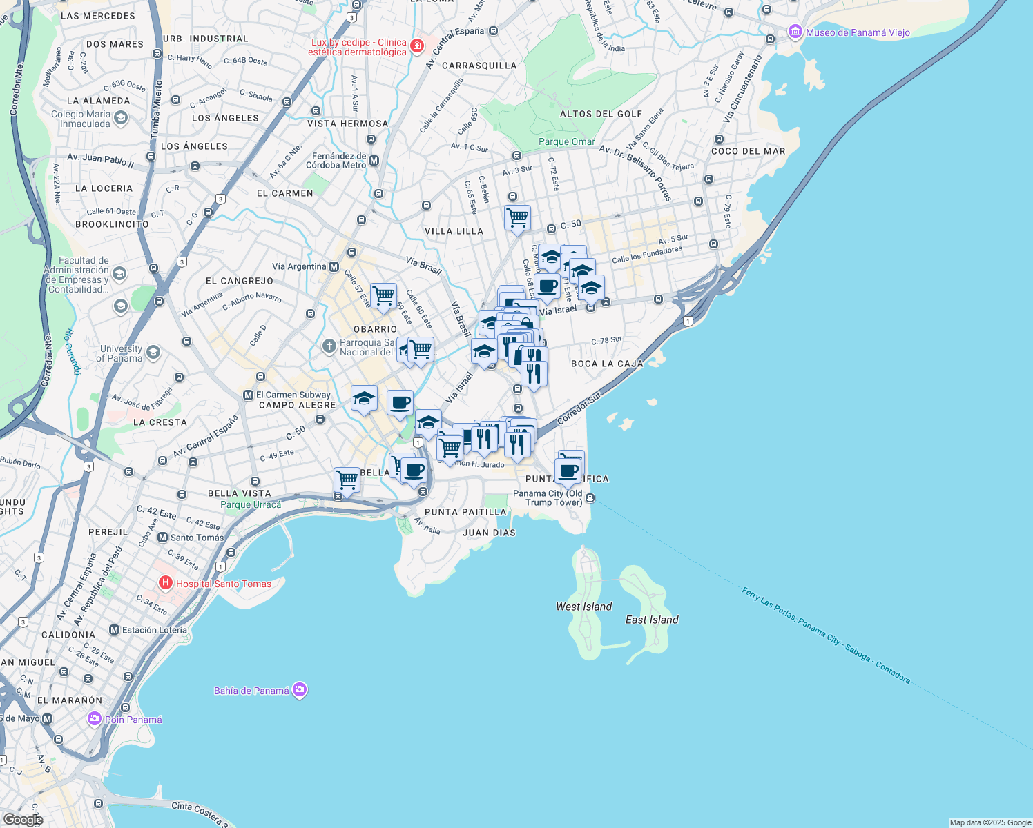 map of restaurants, bars, coffee shops, grocery stores, and more near 26 Calle 56 D Este in Panamá