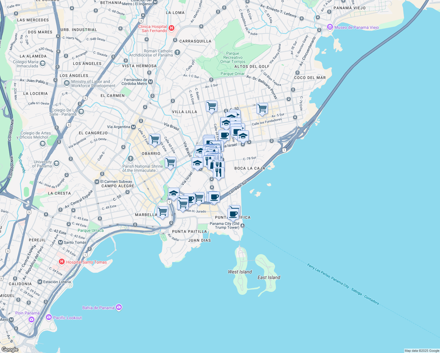 map of restaurants, bars, coffee shops, grocery stores, and more near Calle 56 D Este in Panama