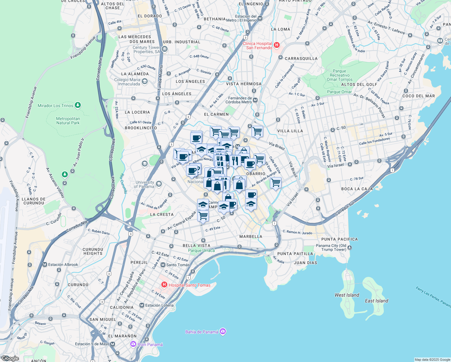 map of restaurants, bars, coffee shops, grocery stores, and more near in Panama City