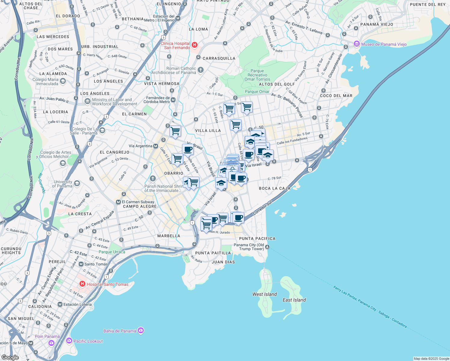 map of restaurants, bars, coffee shops, grocery stores, and more near Vía Israel in Panamá
