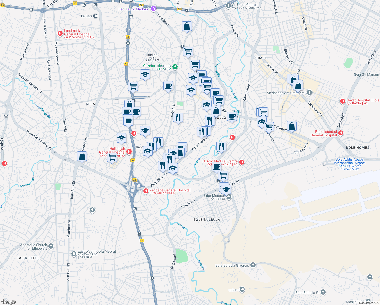 map of restaurants, bars, coffee shops, grocery stores, and more near Ethio China St in Addis Ababa