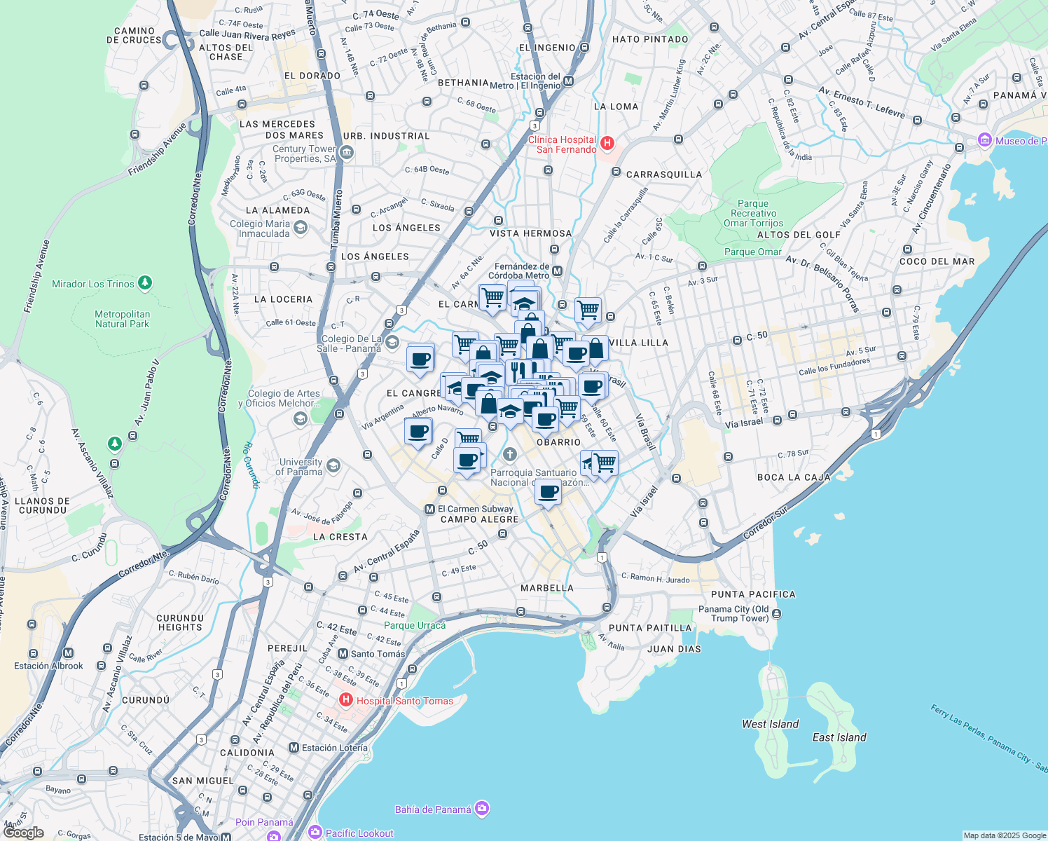 map of restaurants, bars, coffee shops, grocery stores, and more near Calle Abel Bravo in Panamá