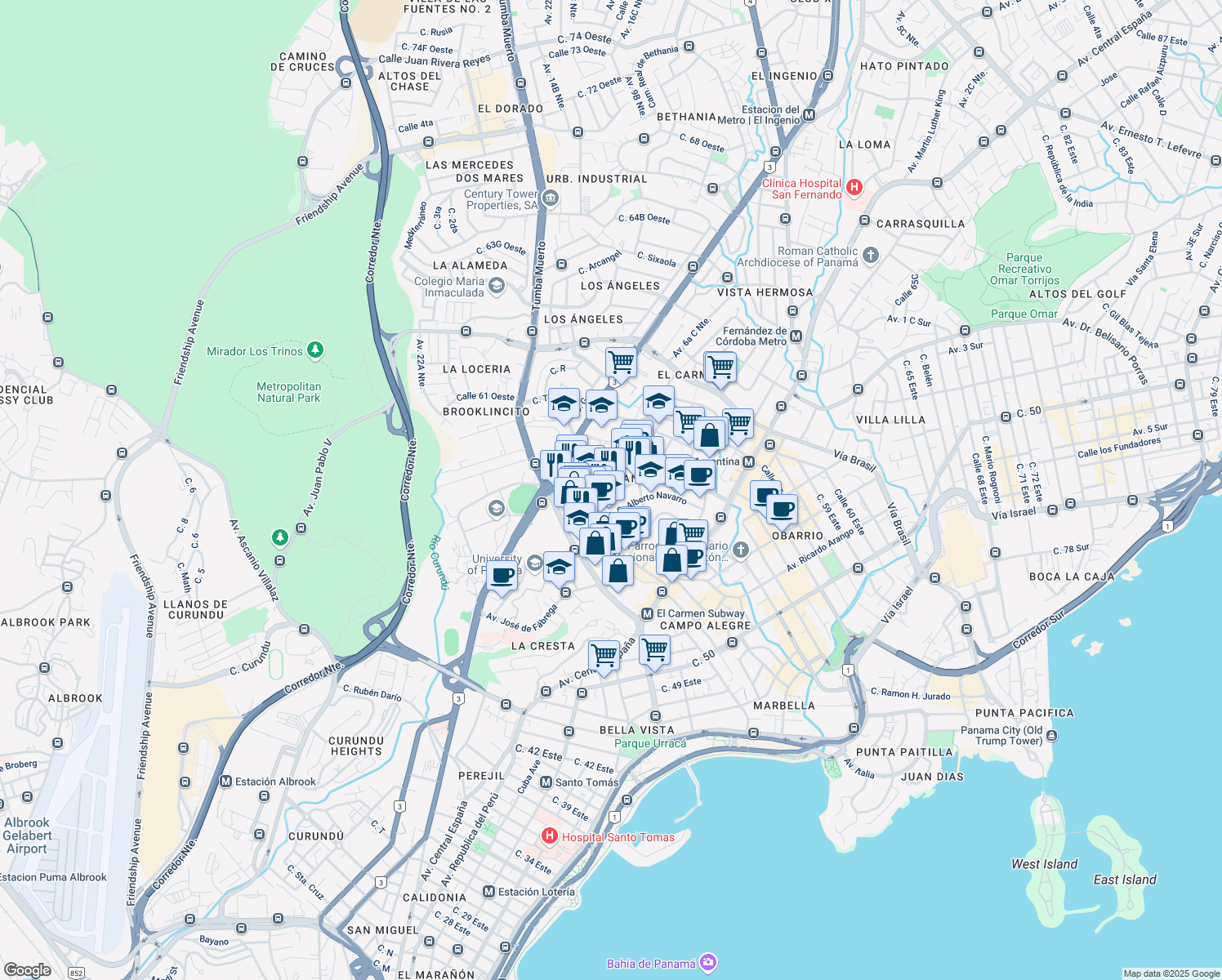 map of restaurants, bars, coffee shops, grocery stores, and more near  in Panama City