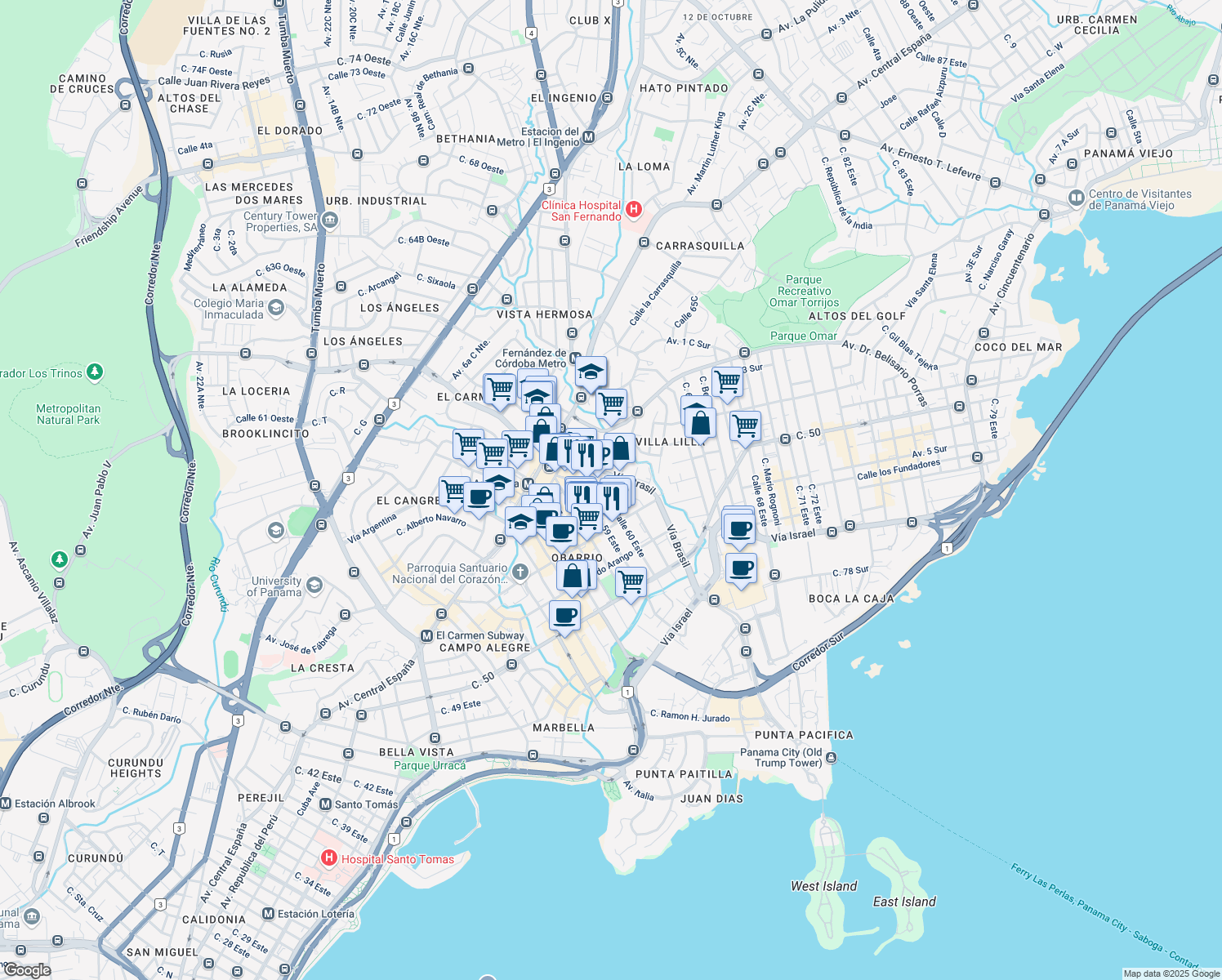 map of restaurants, bars, coffee shops, grocery stores, and more near Calle Abel Bravo in Panamá