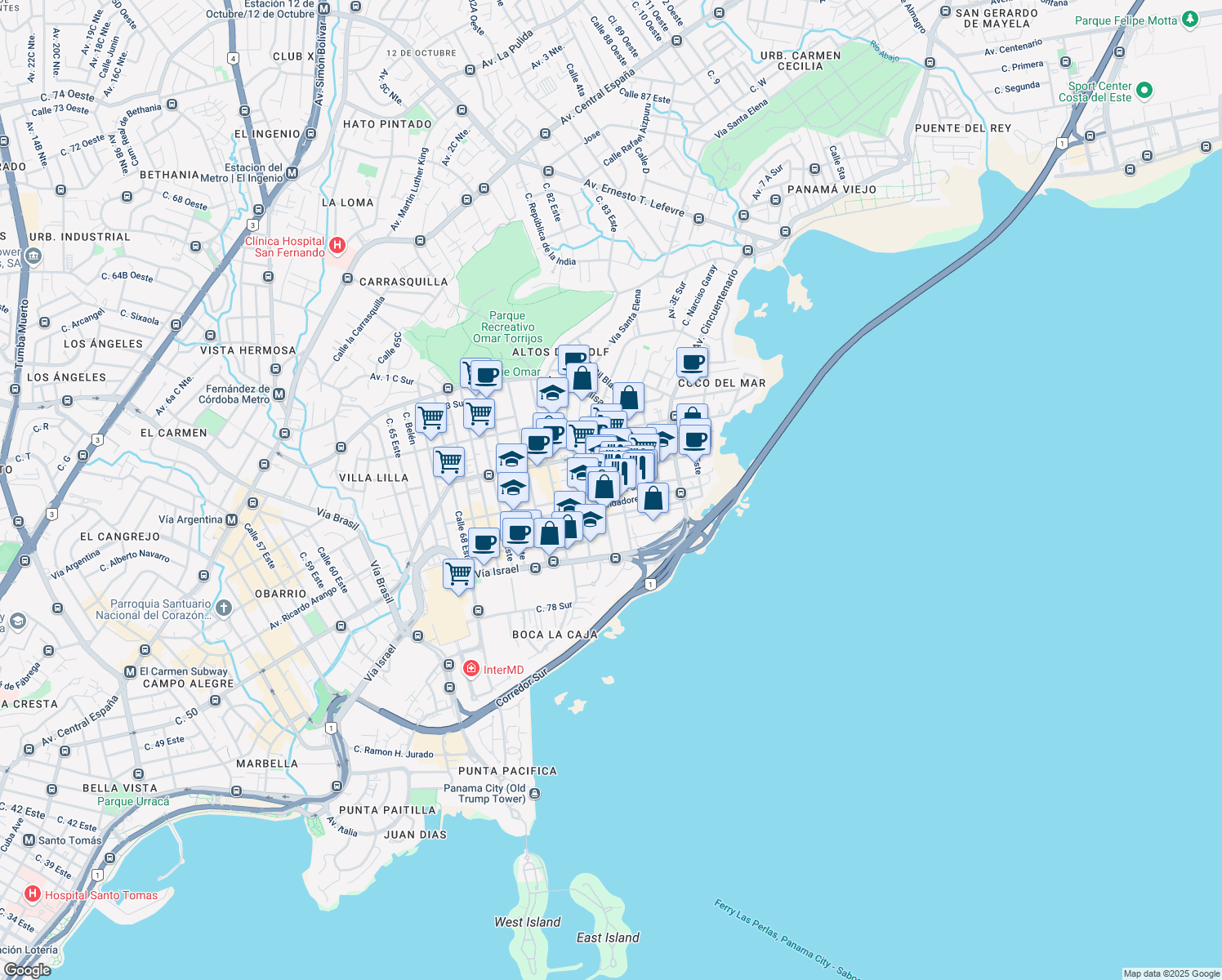map of restaurants, bars, coffee shops, grocery stores, and more near 5 Avenida 5 Sur in Panamá