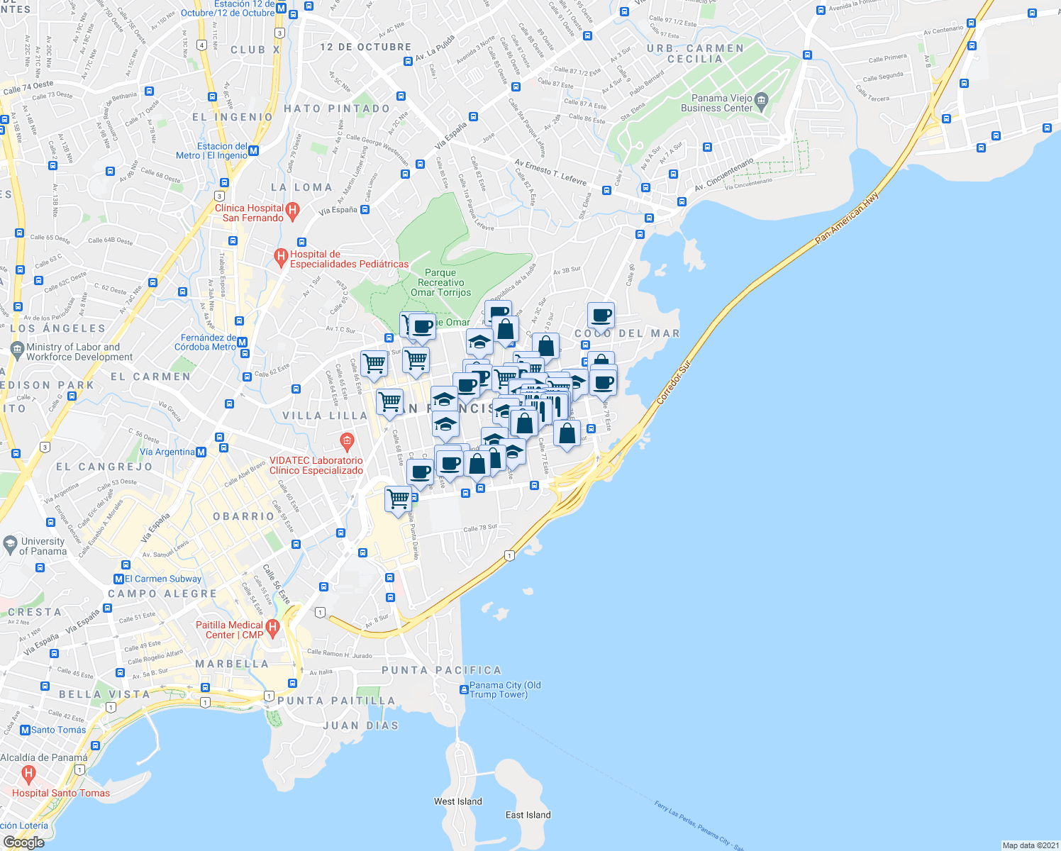 map of restaurants, bars, coffee shops, grocery stores, and more near 5 Avenida 5 Sur in Panamá