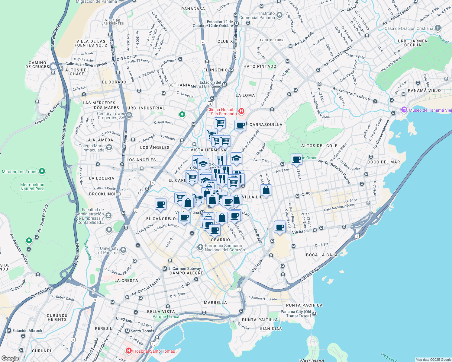 map of restaurants, bars, coffee shops, grocery stores, and more near in Panama