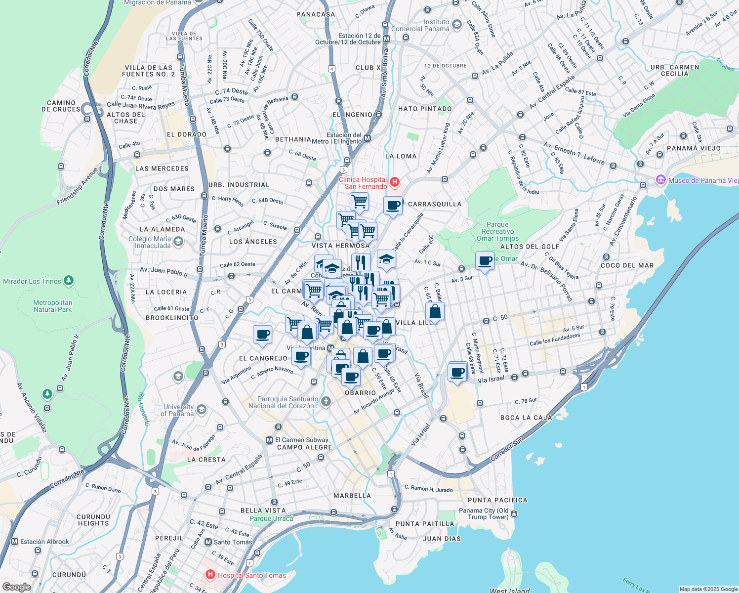 map of restaurants, bars, coffee shops, grocery stores, and more near 11 Vía España in Panamá