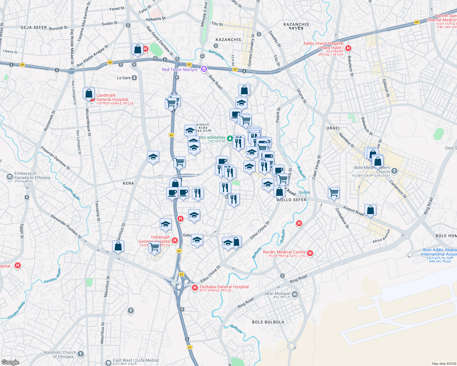 map of restaurants, bars, coffee shops, grocery stores, and more near Gabon Street in Addis Ababa