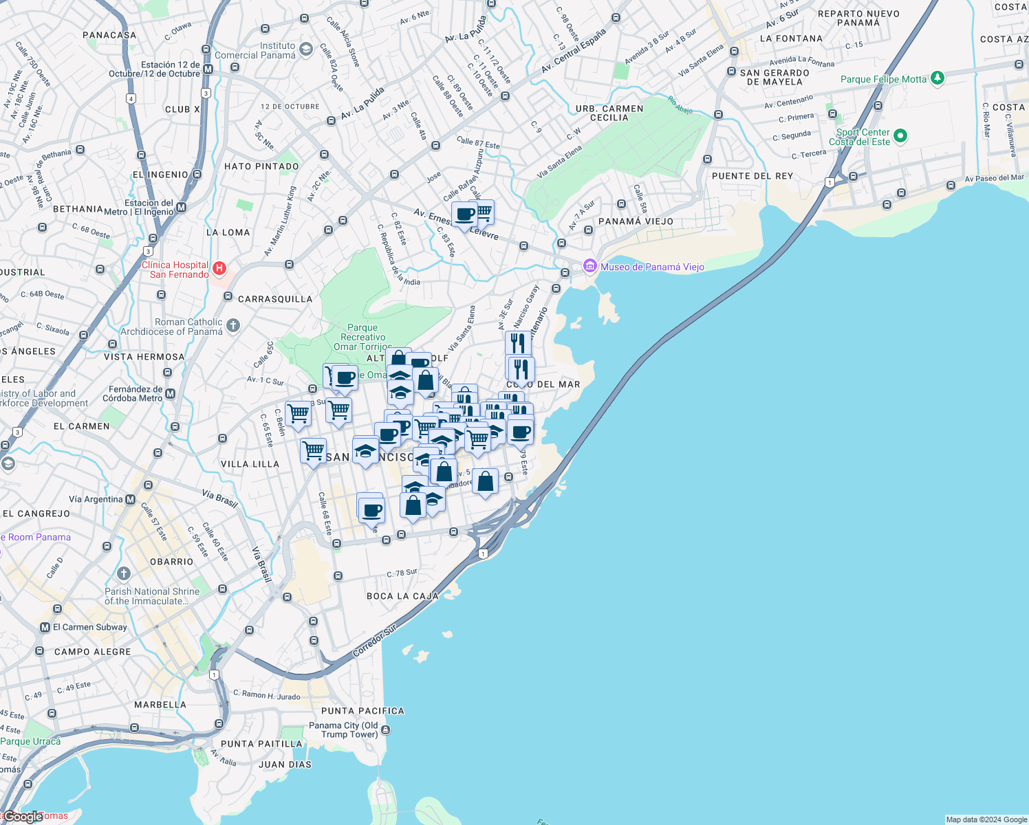 map of restaurants, bars, coffee shops, grocery stores, and more near Calle Andres Mojica in Panama City