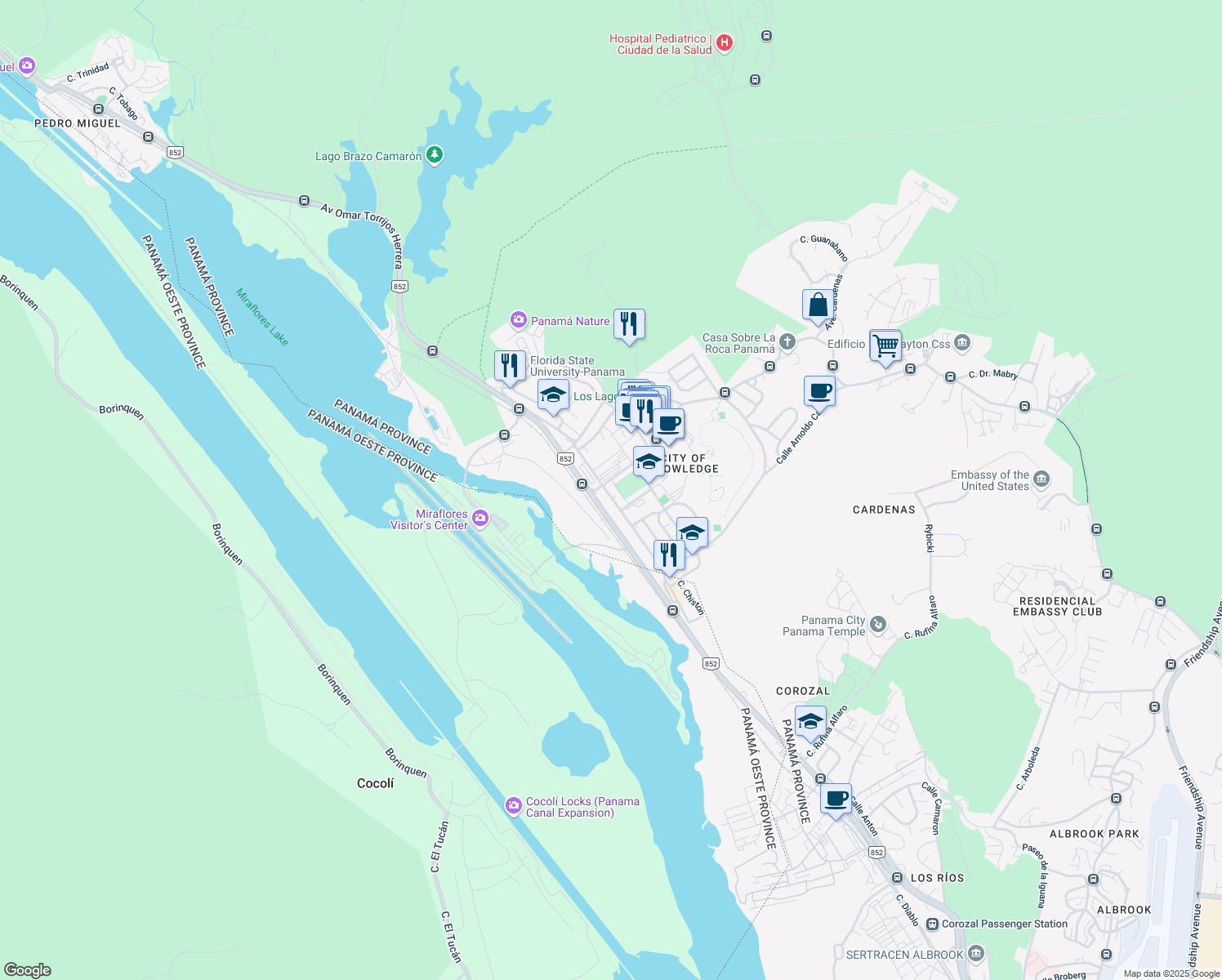 map of restaurants, bars, coffee shops, grocery stores, and more near 104 Calle Luis Bonilla in Panamá
