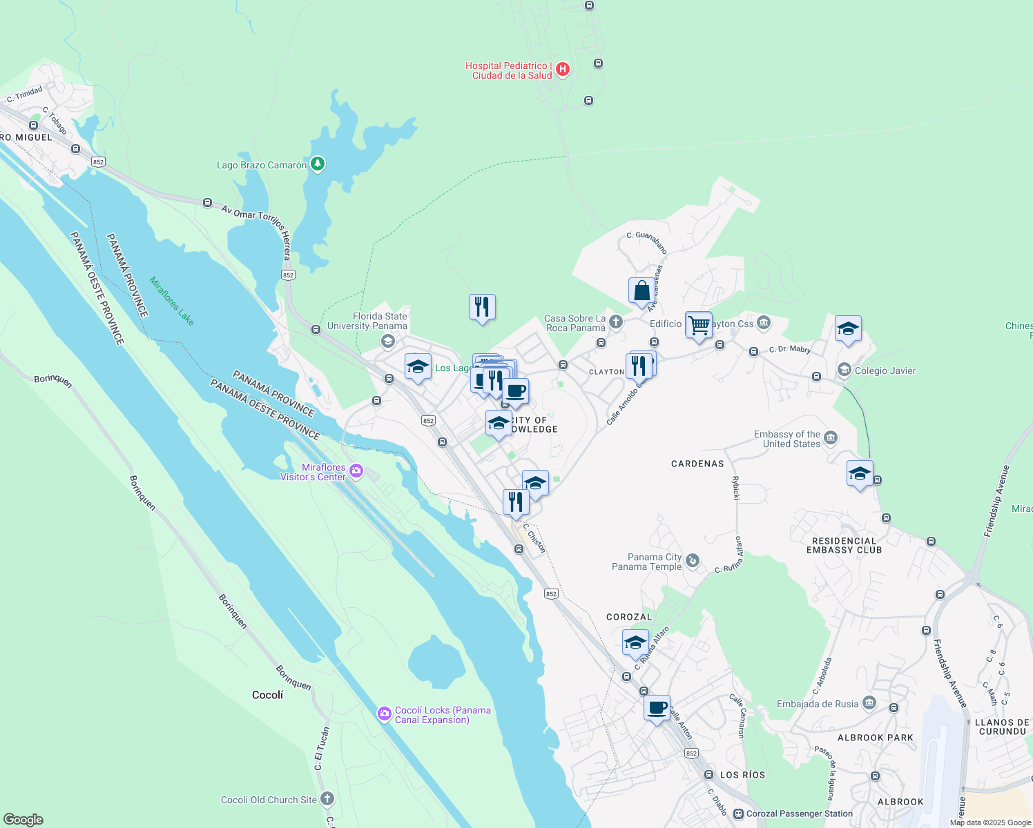 map of restaurants, bars, coffee shops, grocery stores, and more near in Panama City