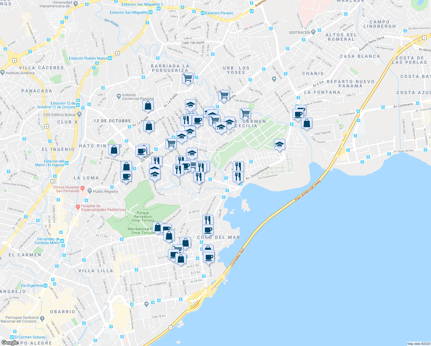 map of restaurants, bars, coffee shops, grocery stores, and more near Calle 85 B Este in Panamá