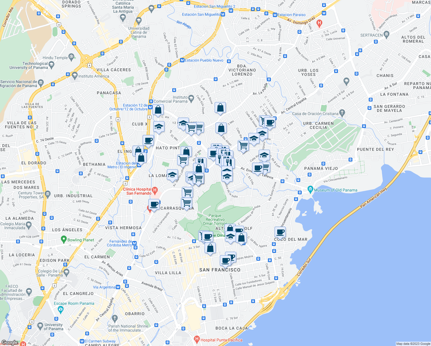 map of restaurants, bars, coffee shops, grocery stores, and more near Calle 80 Este in Panama City