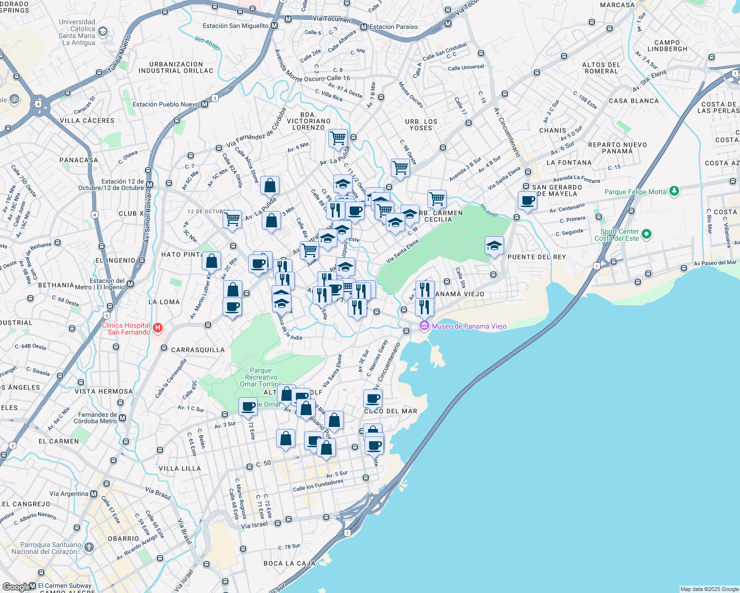 map of restaurants, bars, coffee shops, grocery stores, and more near Calle 85 B Este in Panamá