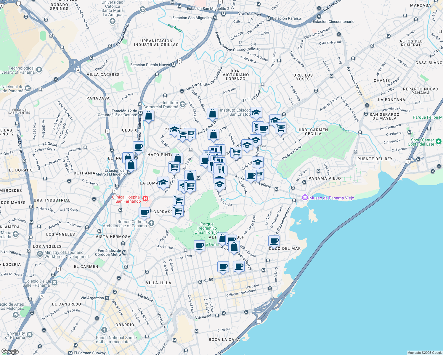 map of restaurants, bars, coffee shops, grocery stores, and more near Calle 82 Este in Panamá