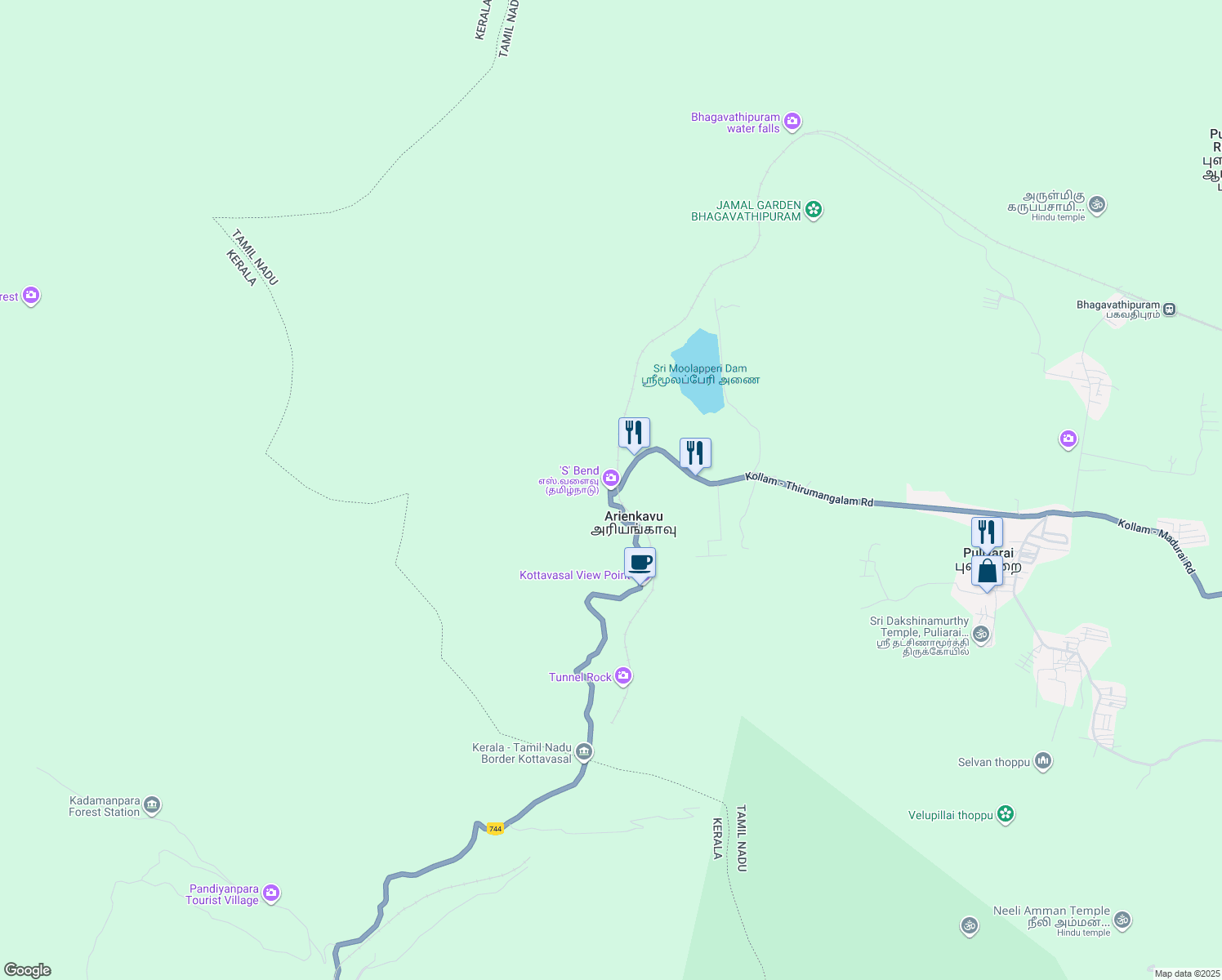 map of restaurants, bars, coffee shops, grocery stores, and more near National Highway 744 in Puliyarai R.F. Part